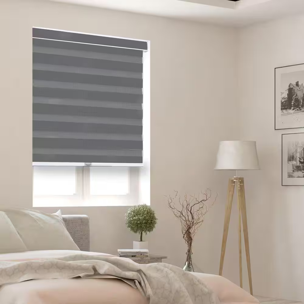 Gray Cordless Room Darkening Polyester Dual Layer Zebra Roller Shades-53 In. W X