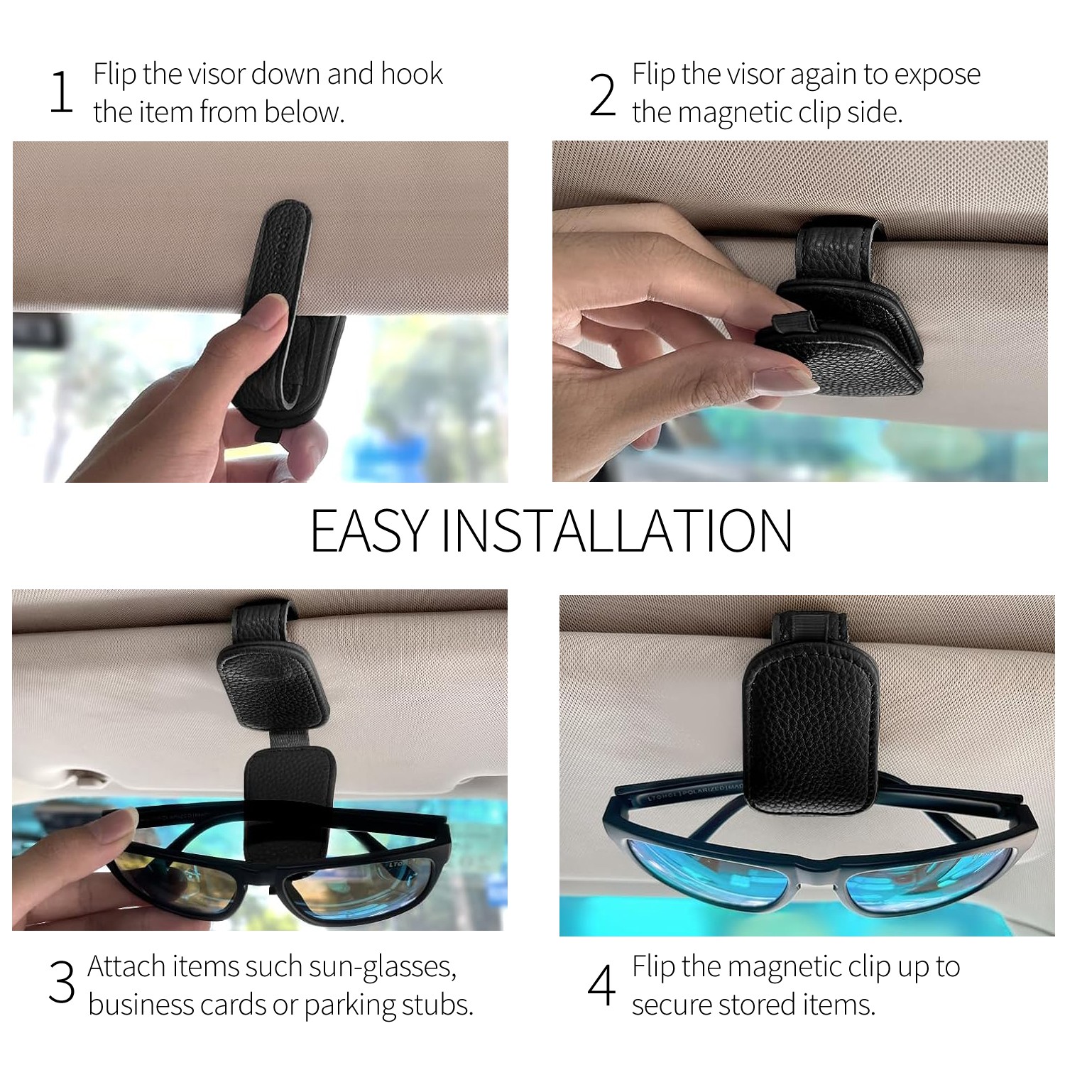 HEMI Rectangle Black Leather Magnetic Sunglass Sun Visor Holder