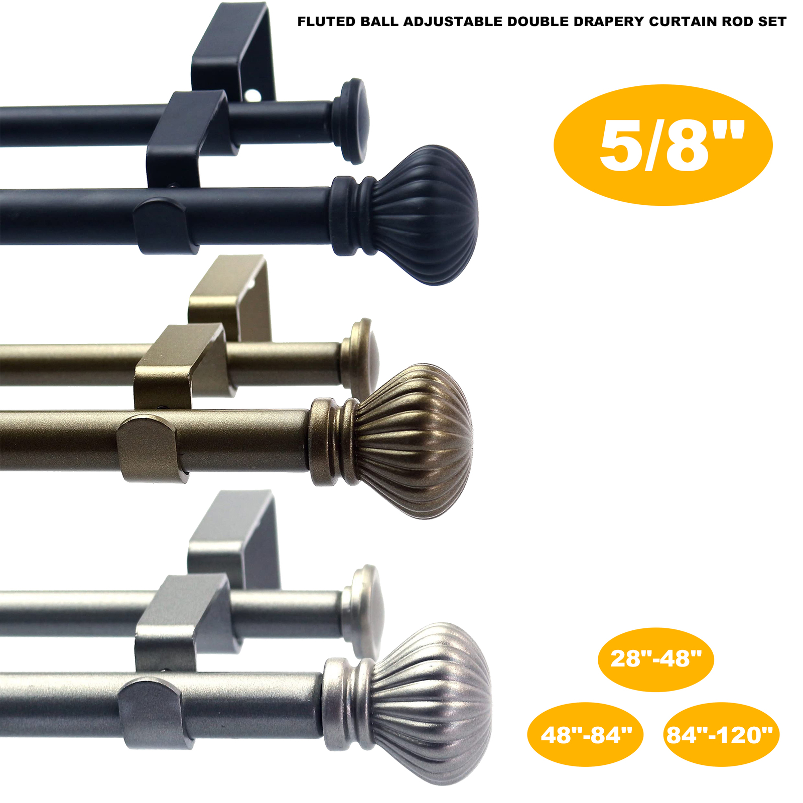 Fluted Ball Adjustable Double Drapery Curtain Rod Set 28″-48″/48″-84″/84″-120″