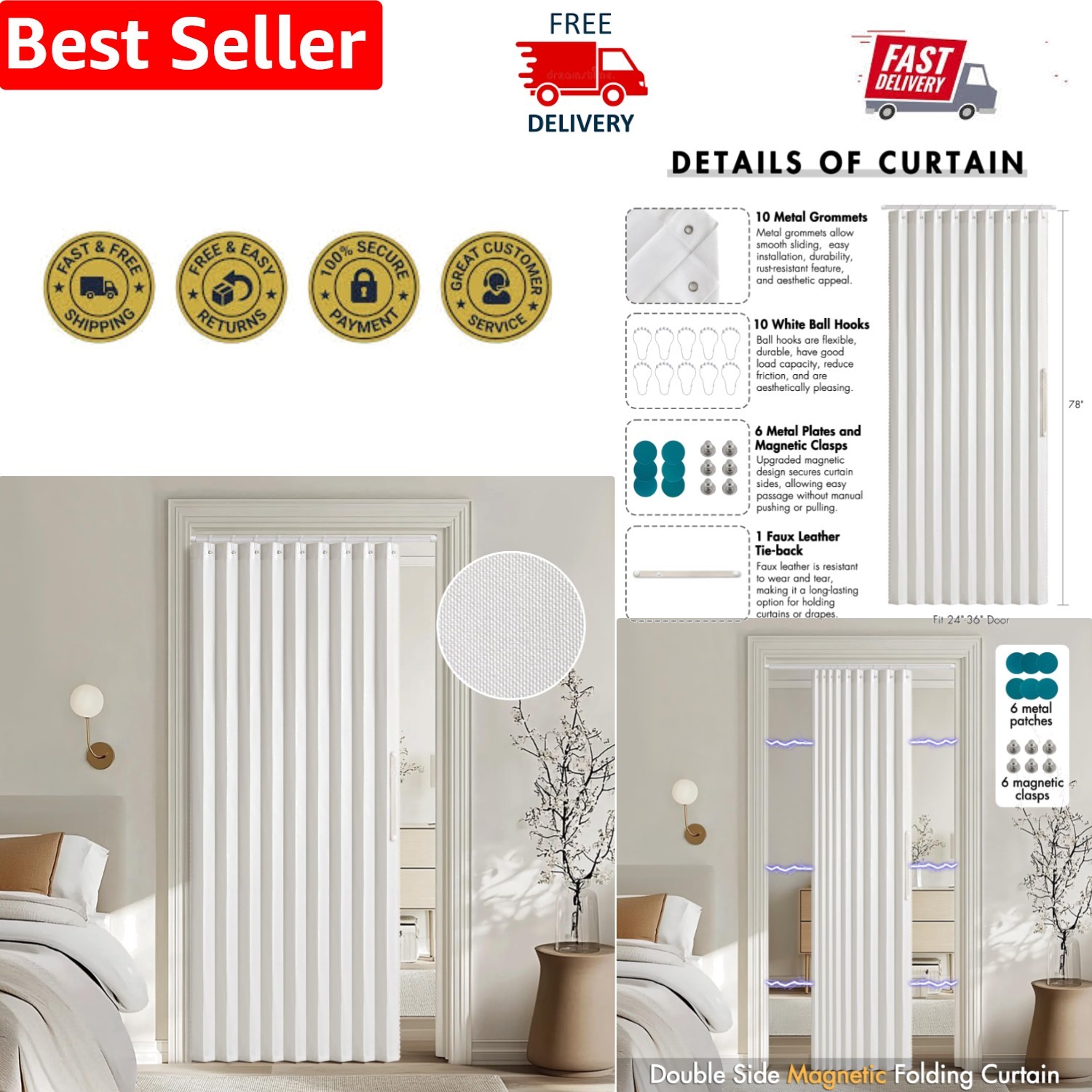 Versatile Accordion Magnetic Door Panel, 39W x 78L Inches, Ideal for Any Room