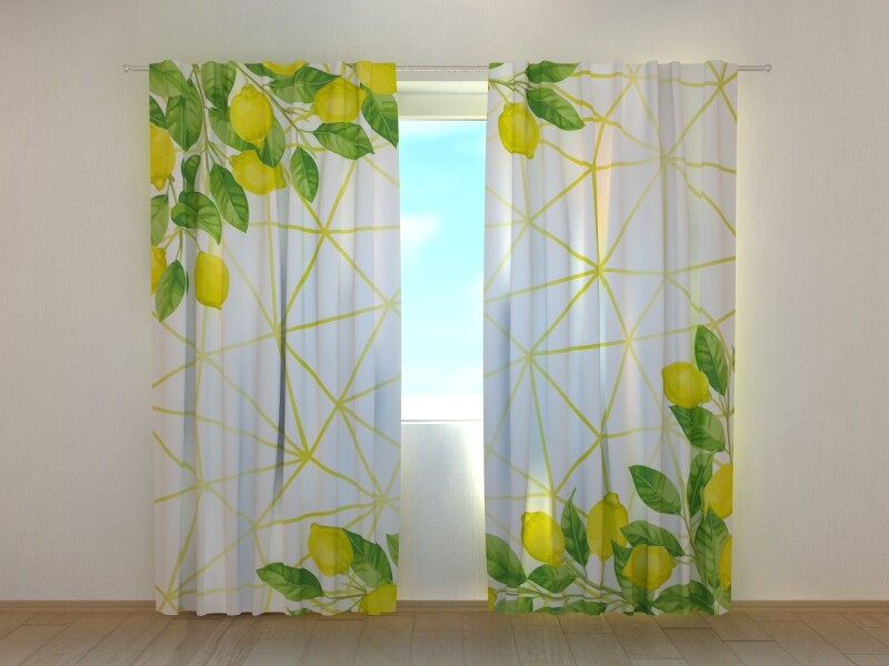 Curtain Printed Watercolour Lemons on Golden Pattern by Wellmira Made to Measure