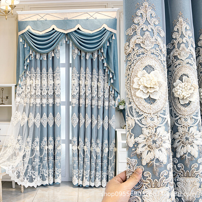 Custom France luxury embroidery blue cloth curtain tulle valance drape C1266