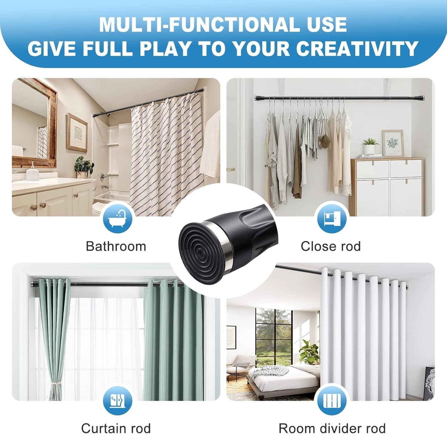 Elegant Black Adjustable Tension Rod, Heavy Duty 42-100 Inch for Window & Bath