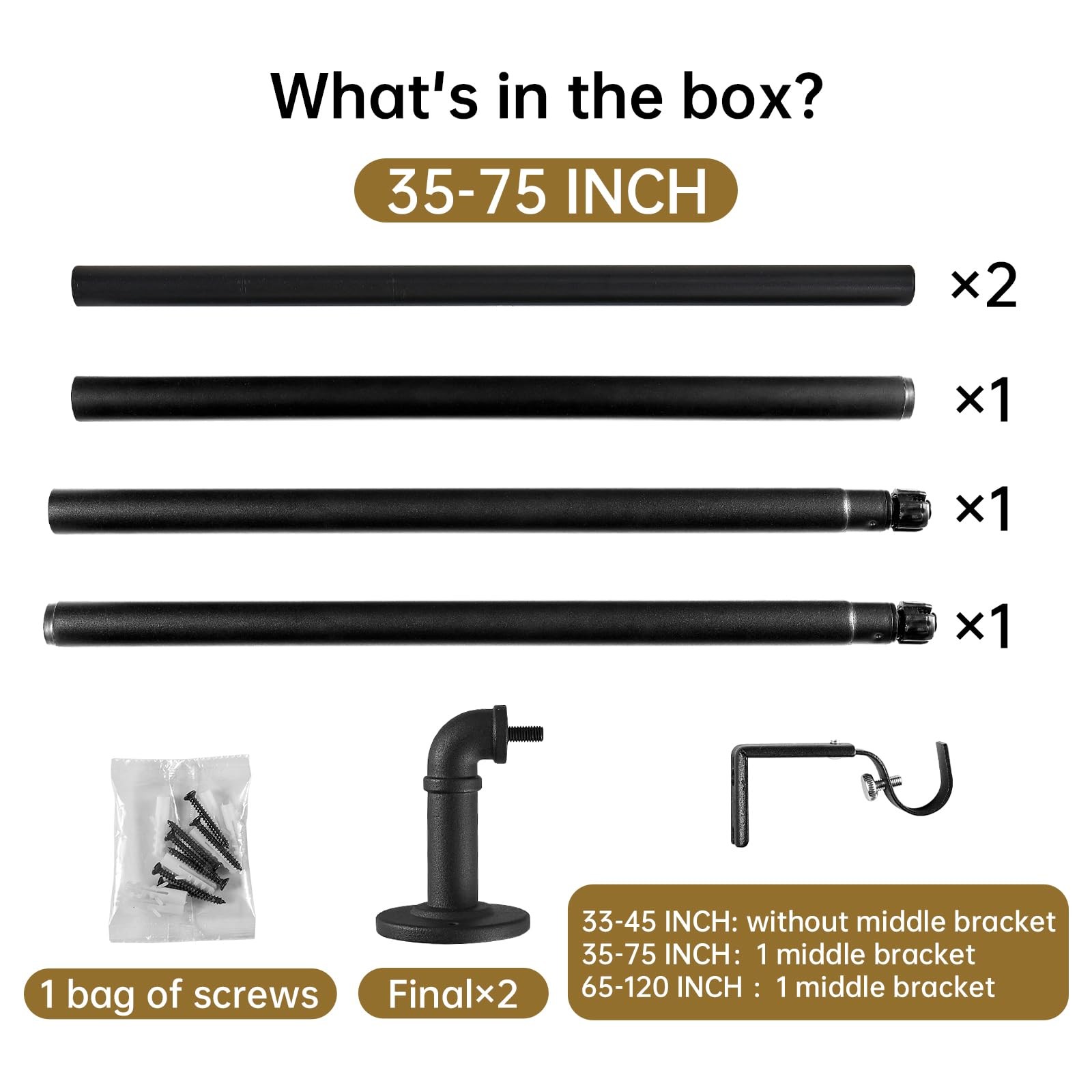 2 Pack Industrial Curtain Rods, 35 to 75 Inches, 5/8 Inch 35-75 INCH, Black