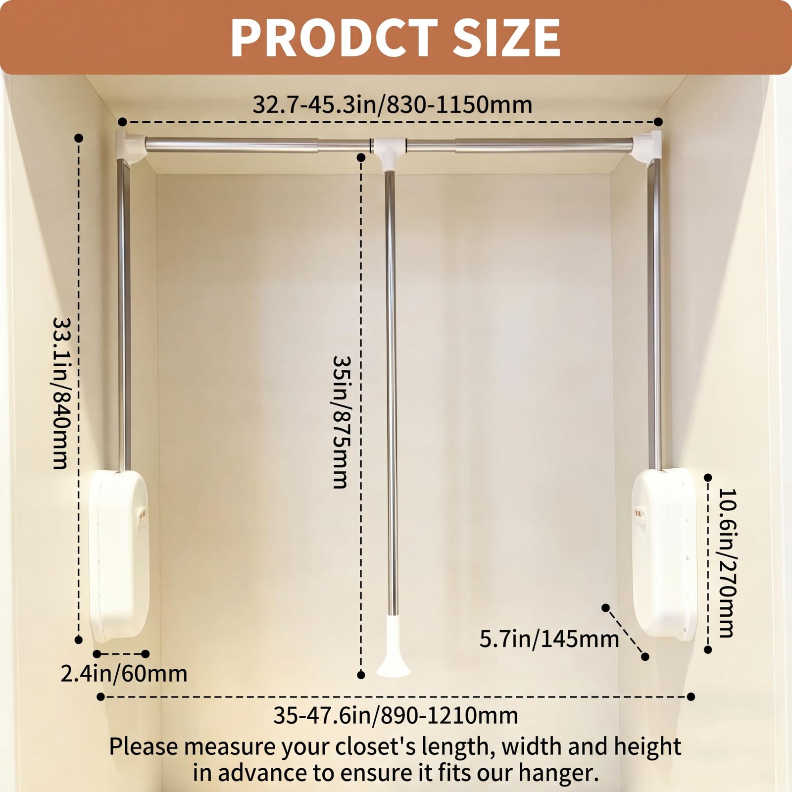 Pull Down Closet Rod Auto-return, Adjustable 33-45 inches Side Mounted Closet…