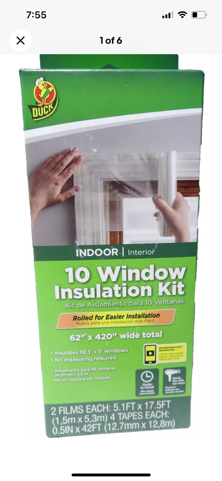 Duck Brand 62 in. x 420 in. Rolled Shrink Film Window Kit, Fits up to 10 Windows