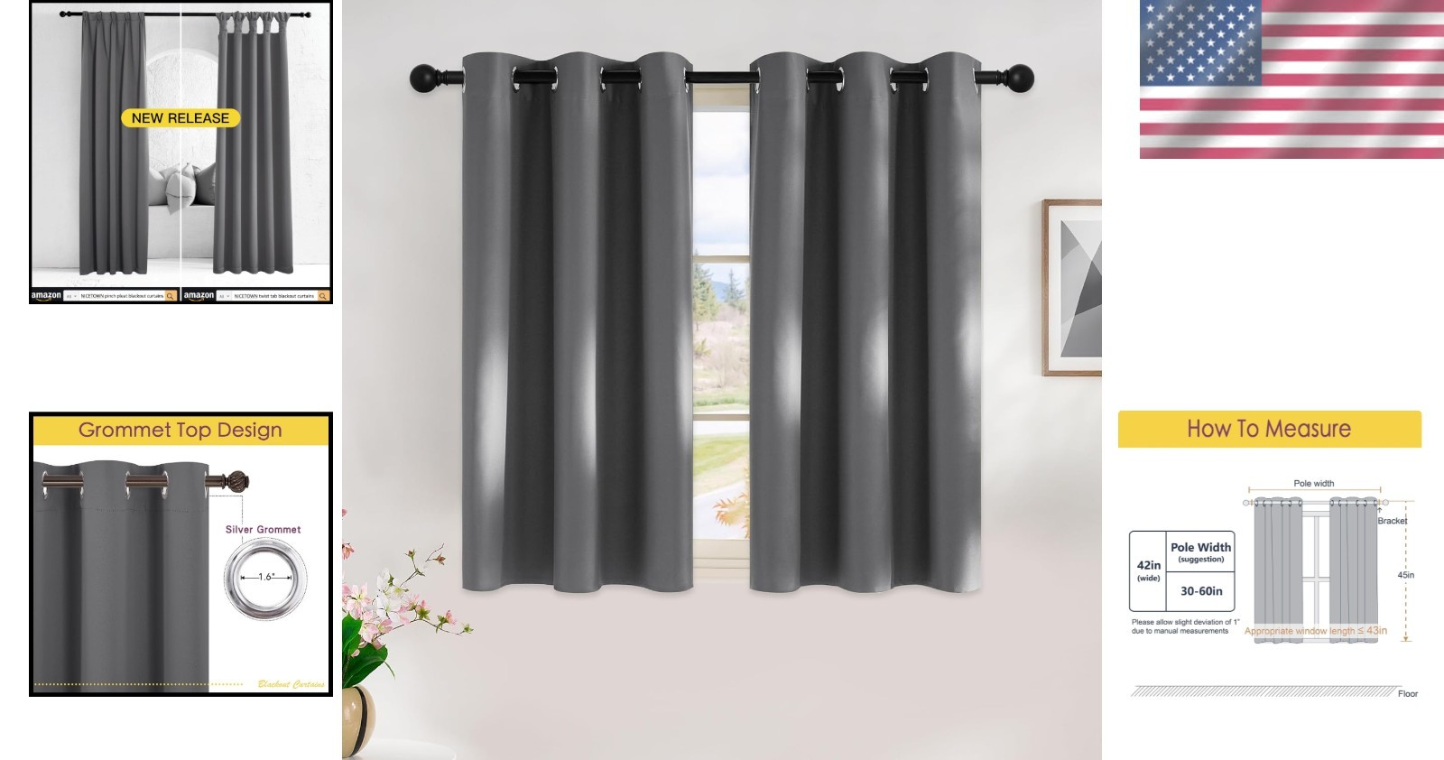 Thermal Insulated Grey Blackout Drapes, Grommet Top, 42W x 45L Inches – 2 Panels