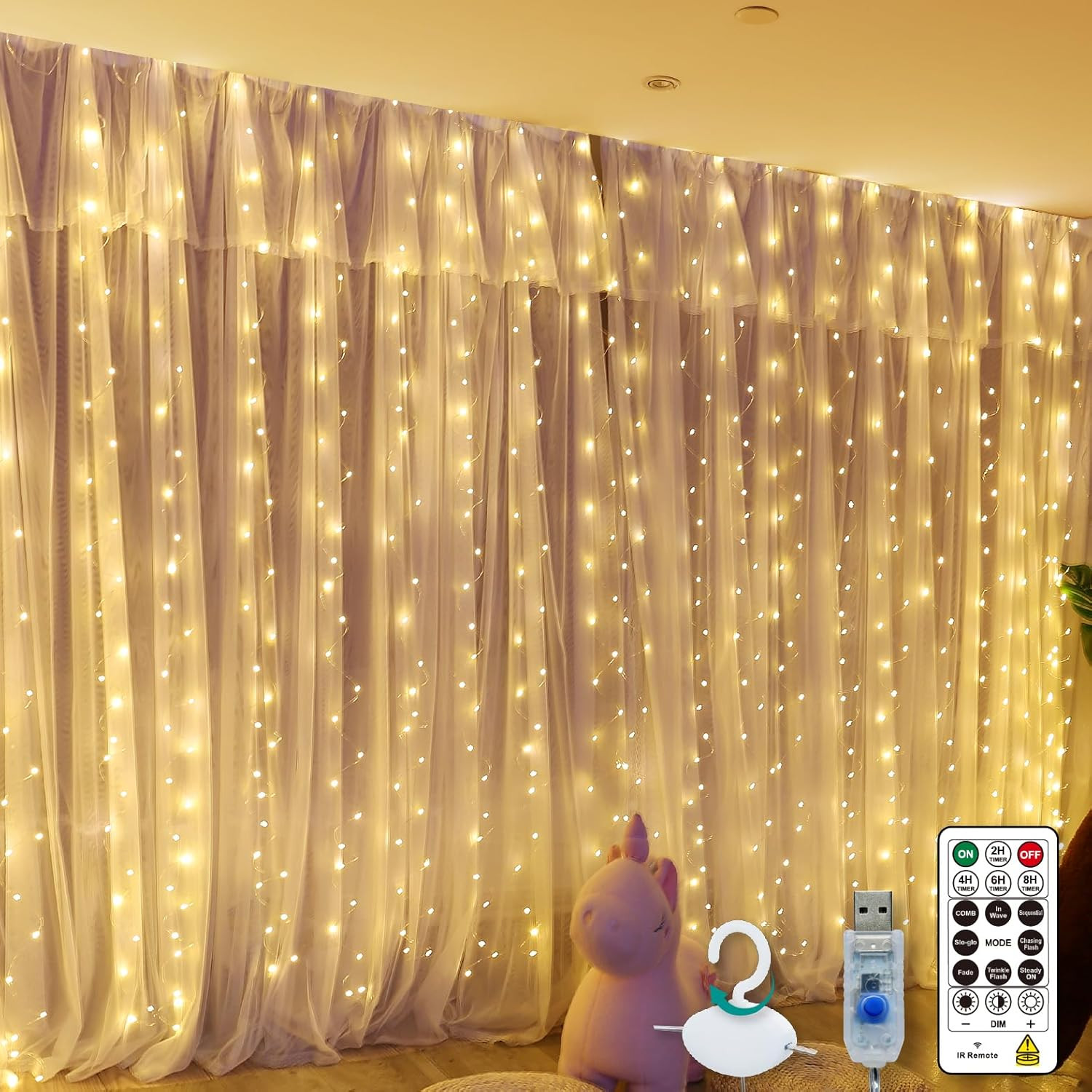 300 LED Curtain Light 9.8×9.8ft Warm White Window Fairy String Light 8 Modes USB
