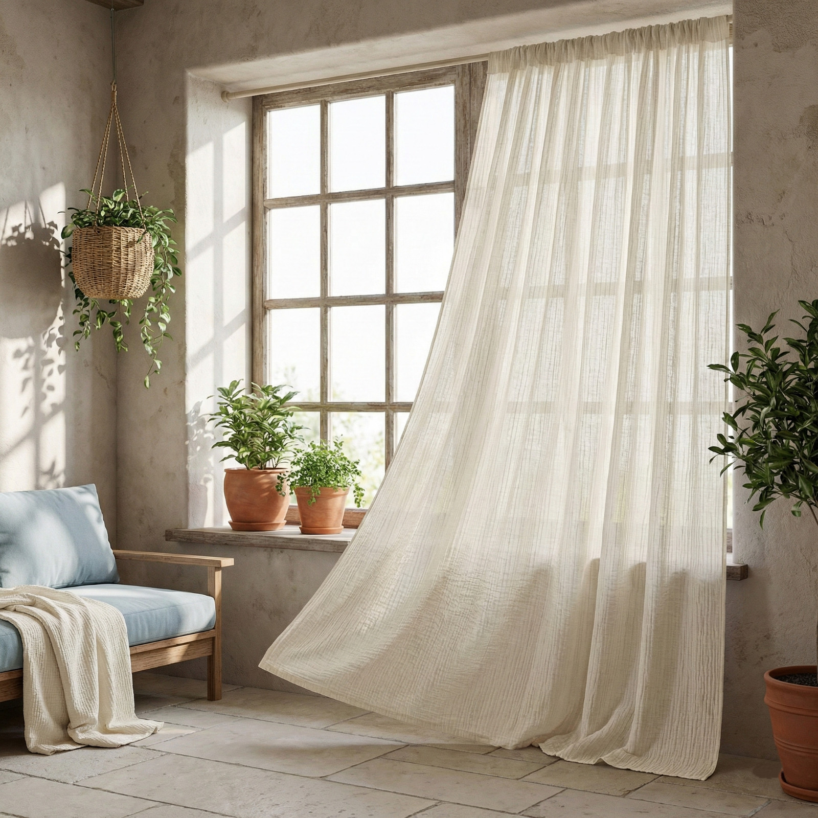 Natural Muslin Curtains Double Gauze Cotton Drapes Soft Crinkle Window Panels