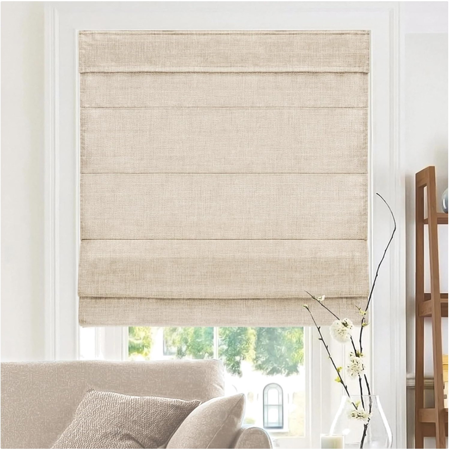 Elegant Cordless Roman Shades 34.5″ W X 64″ H – Belgian Flax Light Filtering