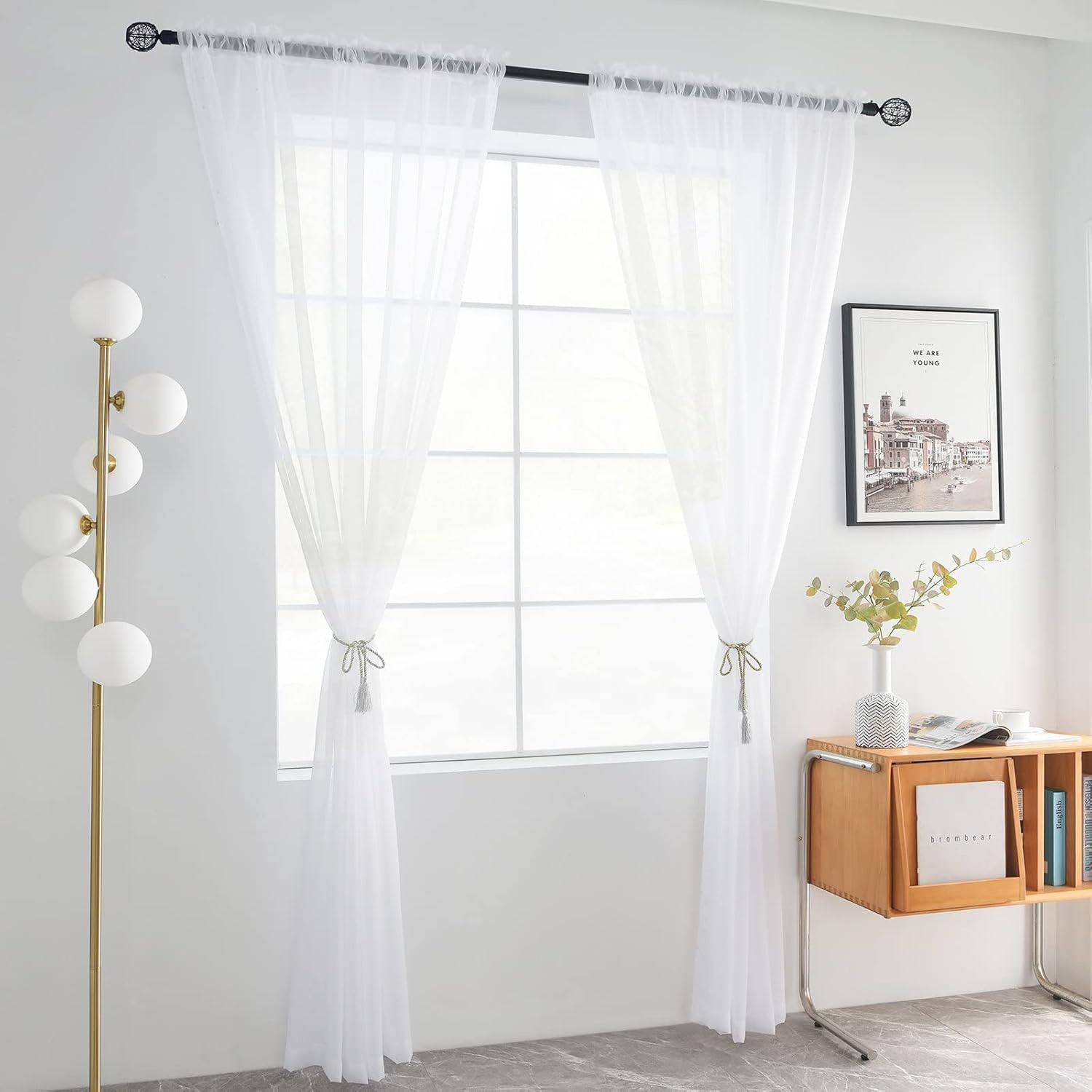 Solid Sheer Rod Pocket Curtain Voile Draperies 2 Panels White Beige Black Grey I