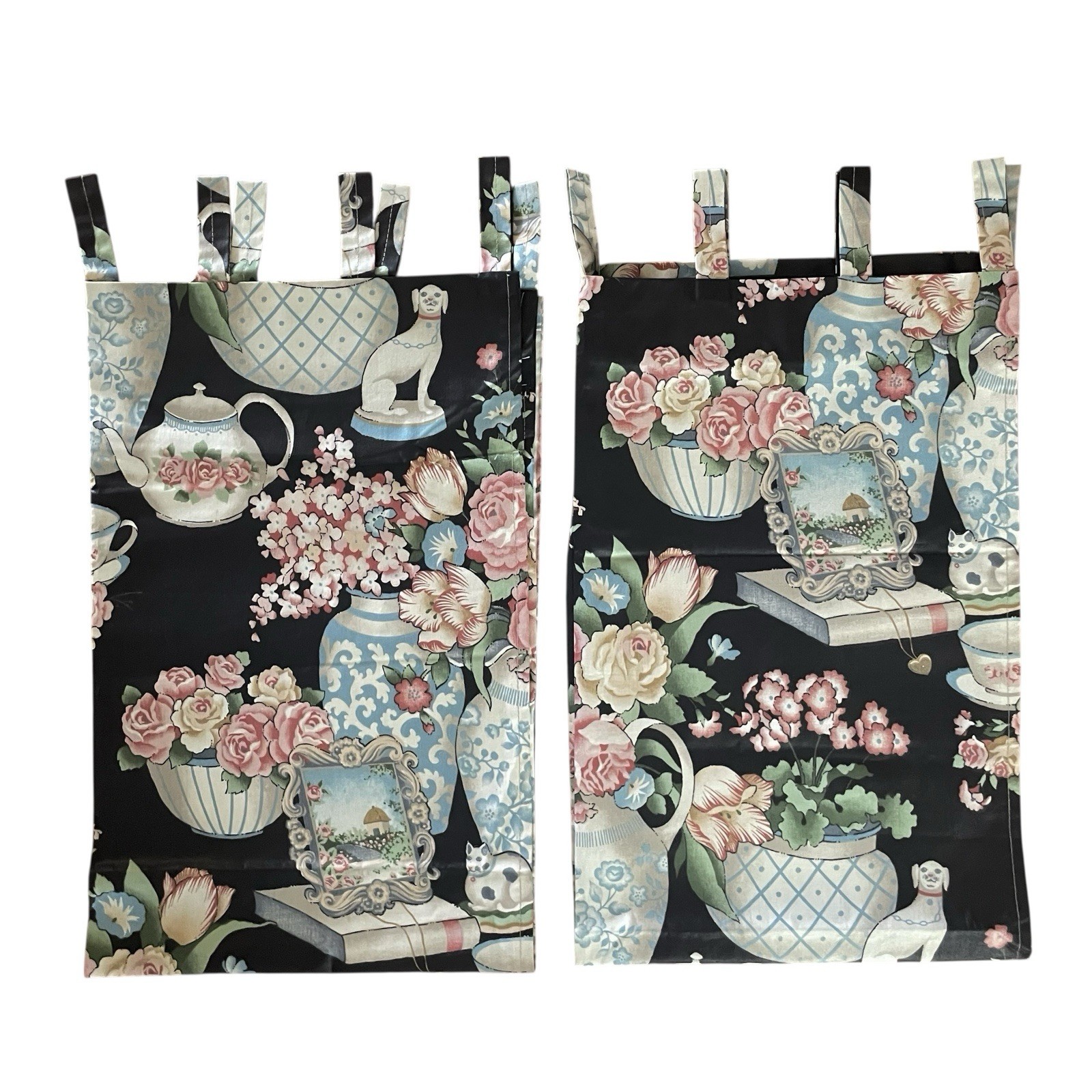 Set of 2 – 45 x 25 Tab Top Black Floral Teapot Retro Look Polished Cotton Panels