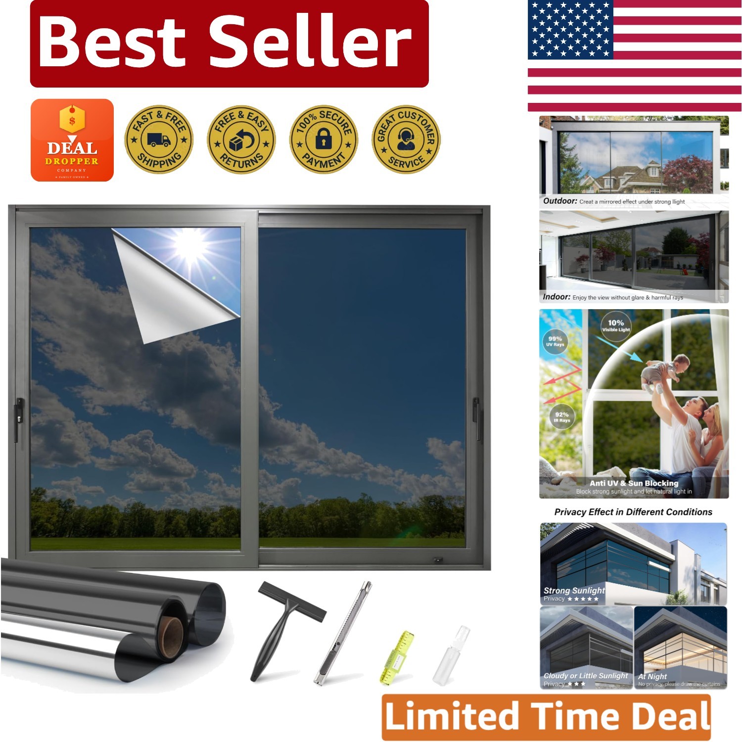 Daytime Privacy Window Film: 17.5×78.7 Inch Mirror Tint with Installation Tools