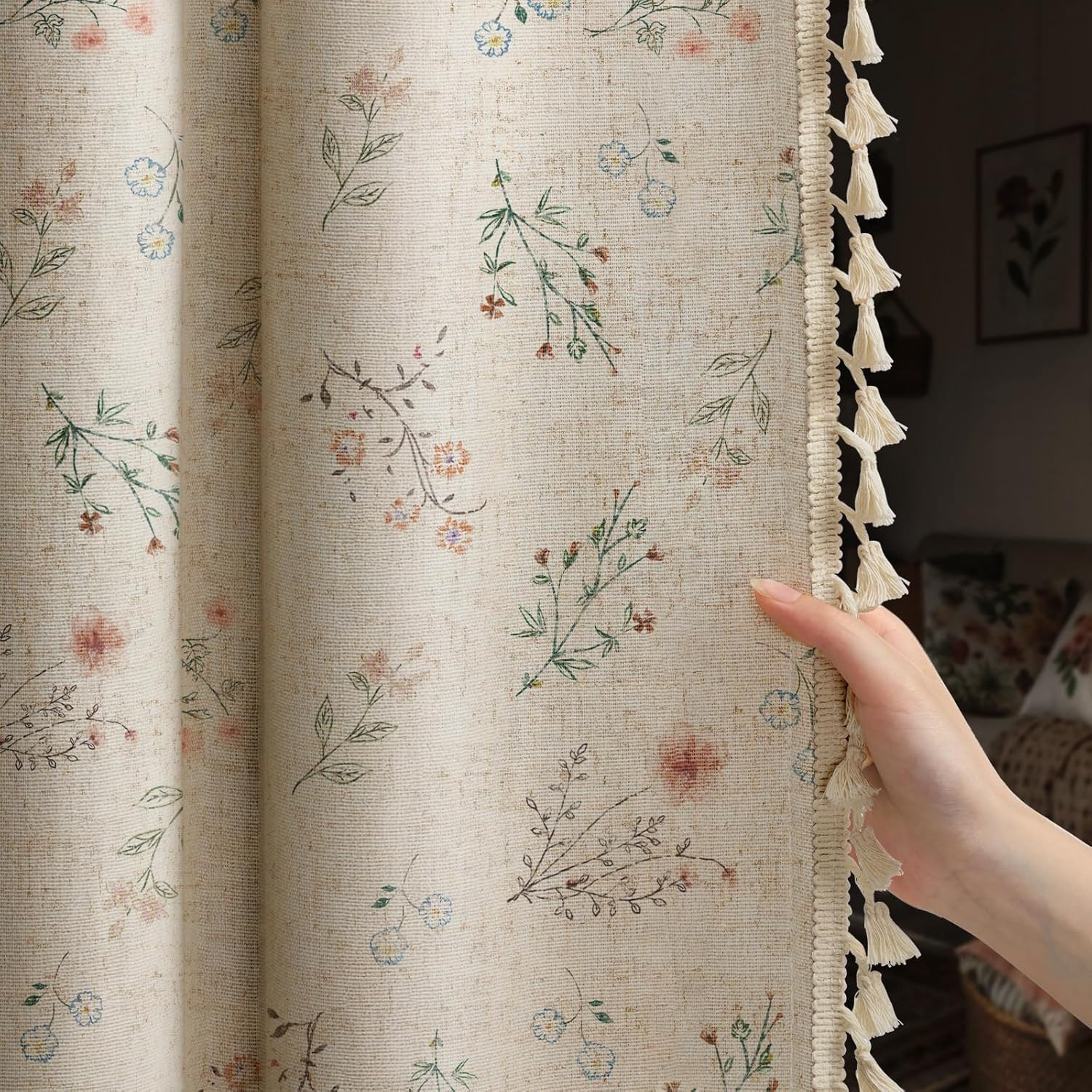 Boho Floral 100% Blackout Curtains 84 Inch 2 Panels Linen Texture | Farmhouse Vi