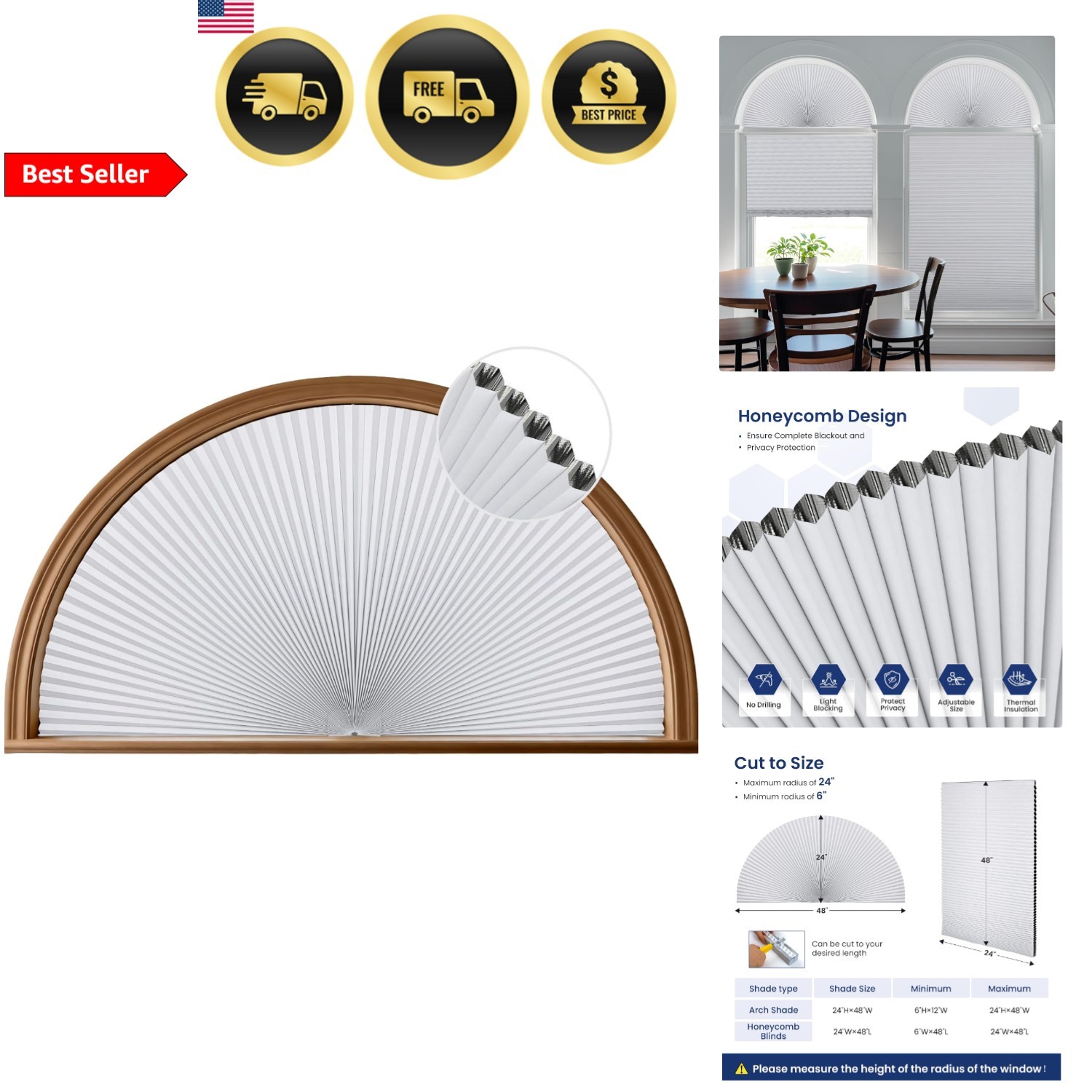 Blackout Window Shades Honeycomb Blinds for Half Circle Windows 24×48 White