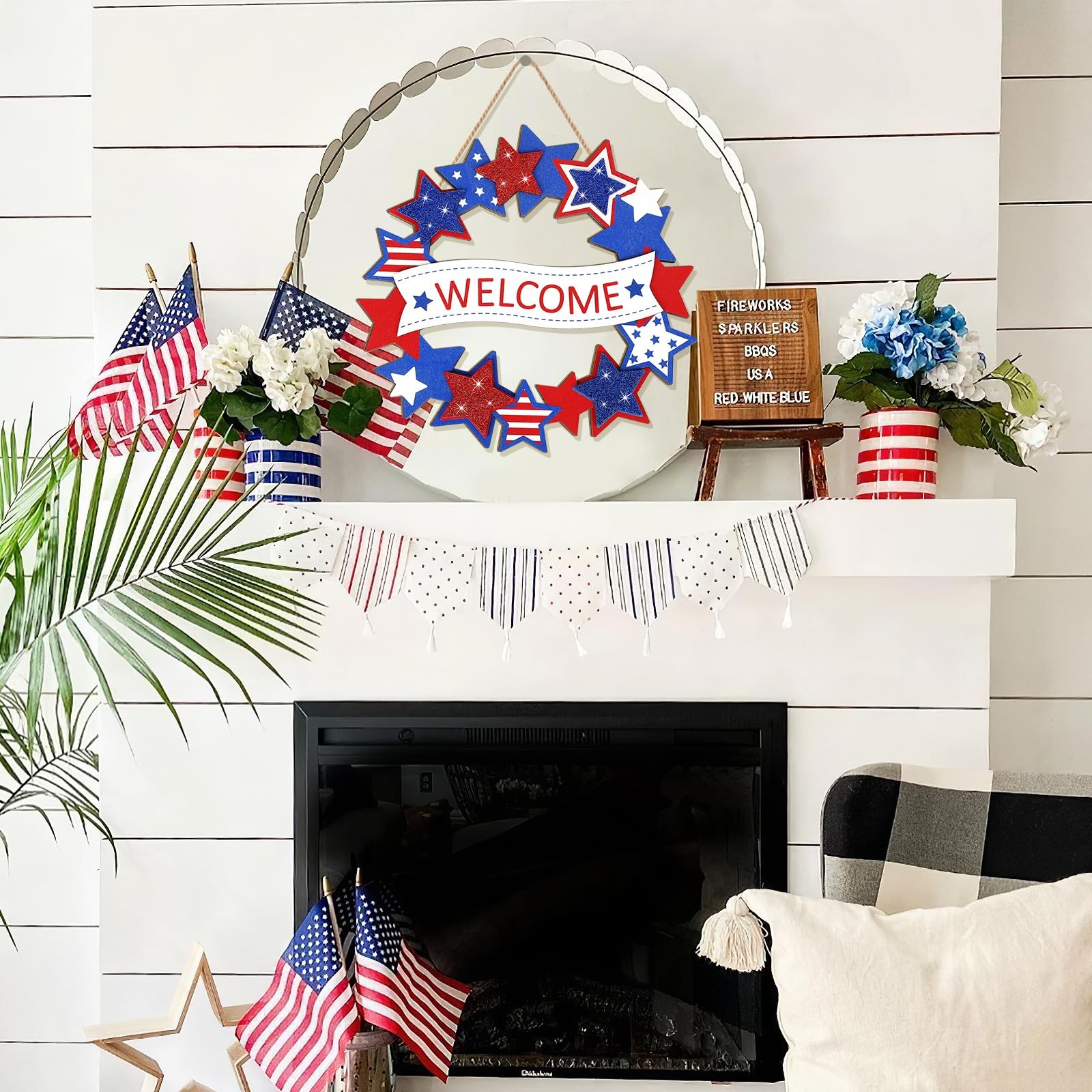 Wooden 4th of July Decoration Door Wreath for Front Door Sign Star Wall Signs, Q