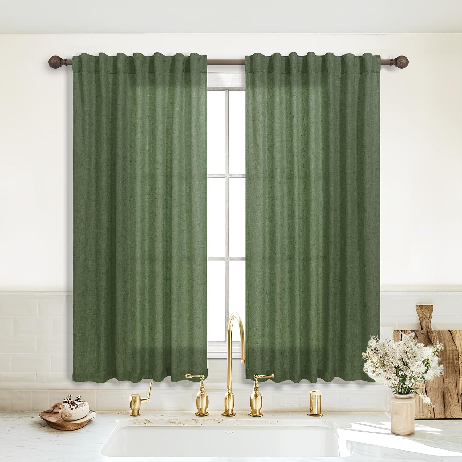 Olive Green 45Inch Short Curtains Back Tab Rod Pocket Kitchen Set, 2 Panels