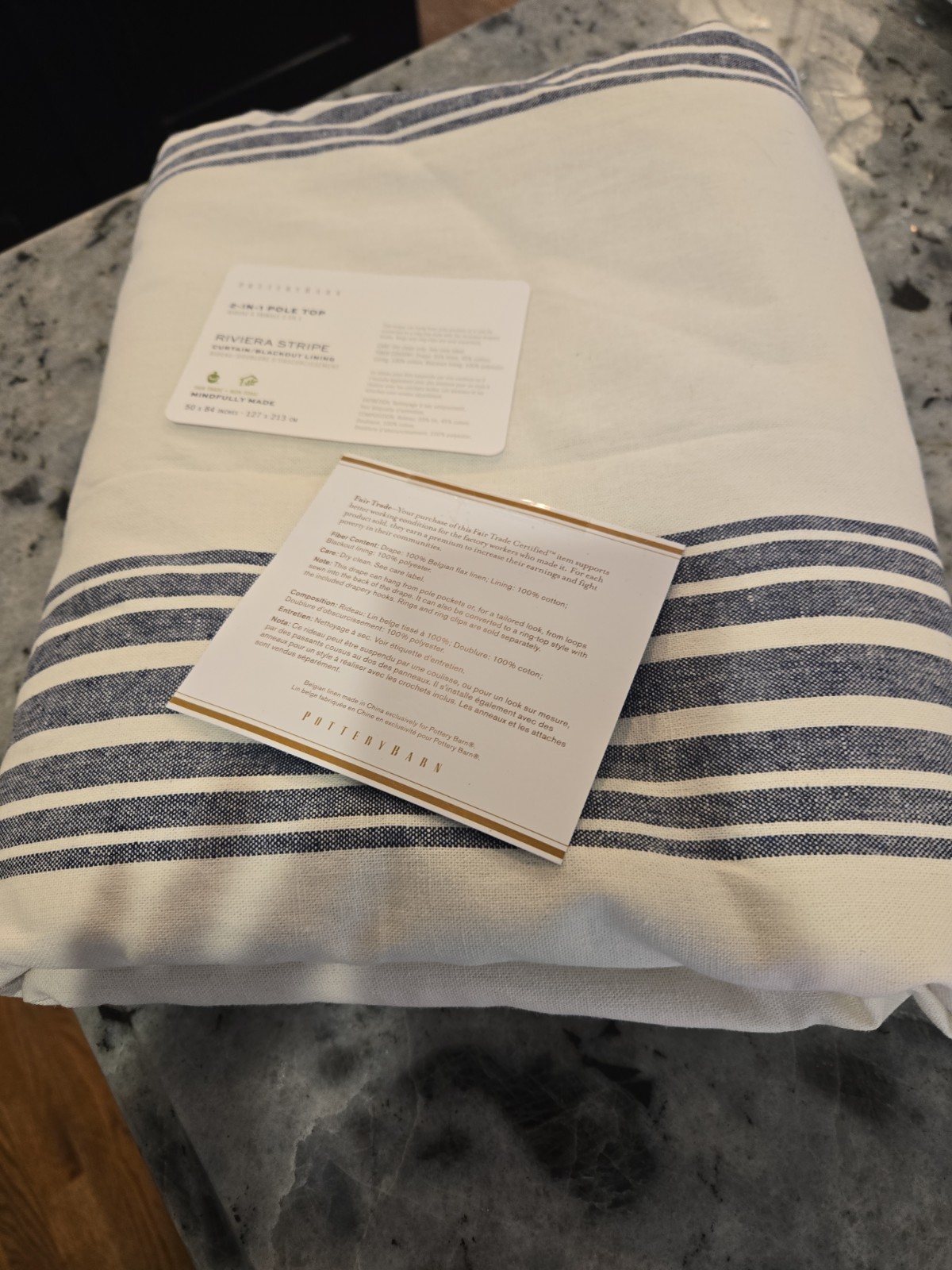 Pottery Barn Linen cotton blend Riveria Stripe navy blue blackout 50x 84 NIP