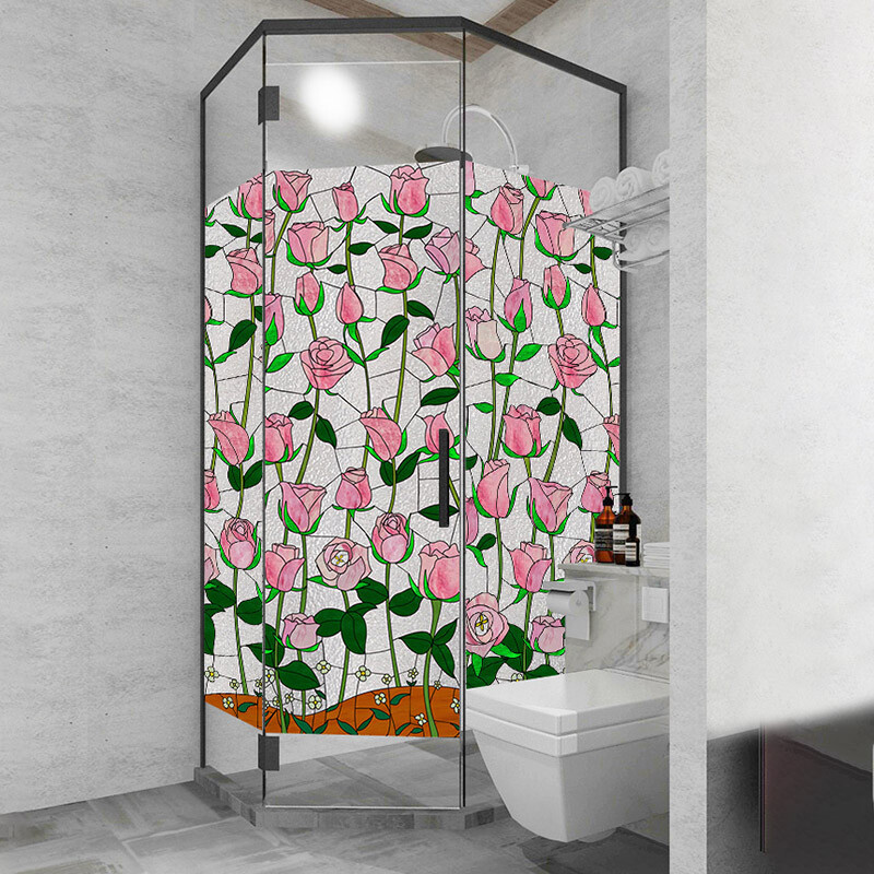 Retro Pink Flower Blossom Window Film Print Sticker Cling Stained Glass Decor