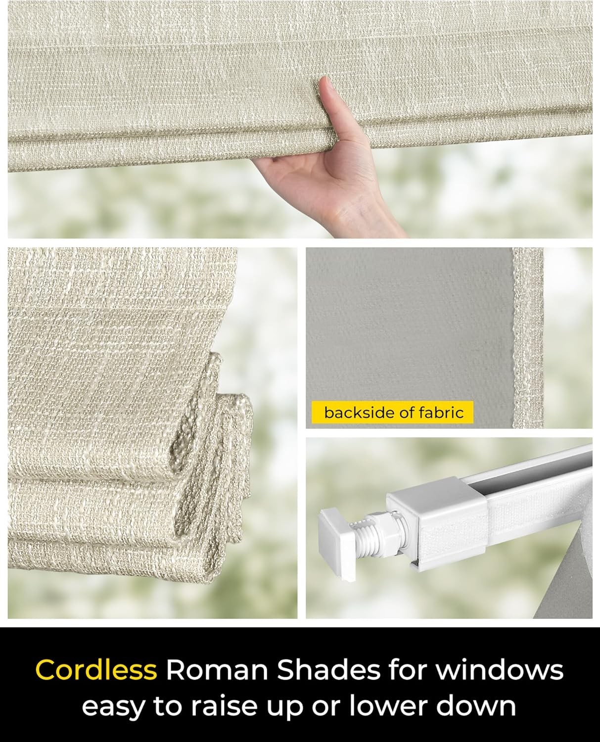 No tools required, wireless Roman shade, 34 in wide × 64 inches high, beige.