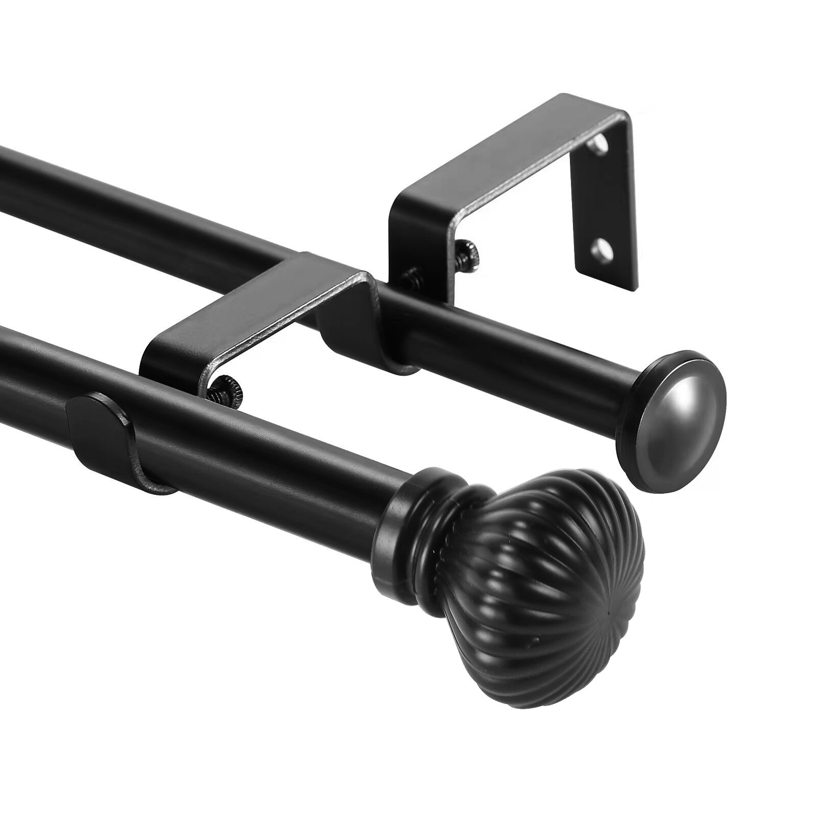5/8″ Double Curtain Rod Set, Fluted Ball Finial, 28″-48″/ 48″-84″/ 84″-120″