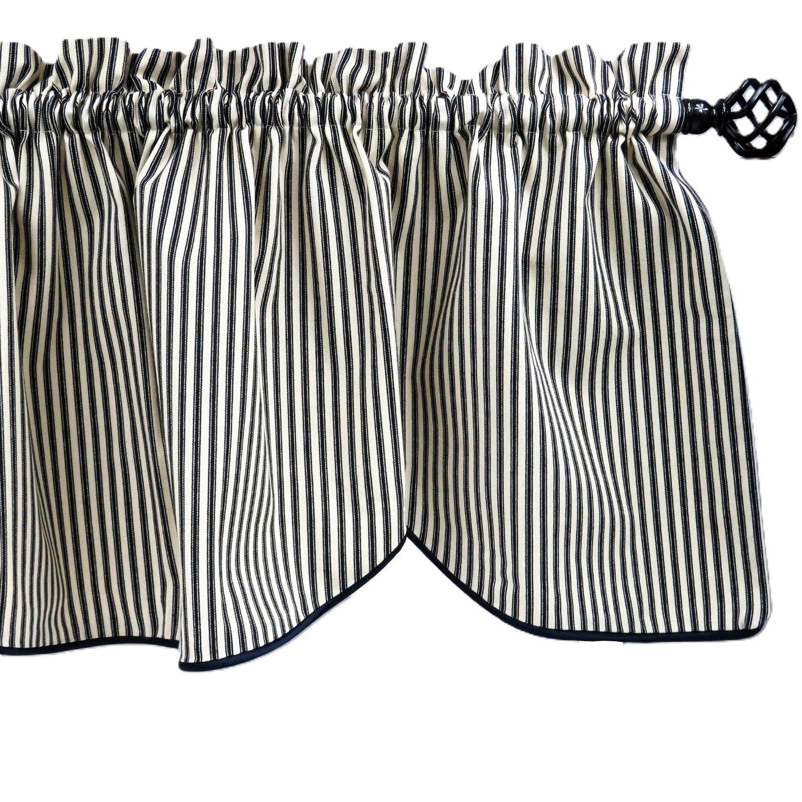 Custom Valance Ticking Stripe Scalloped Corded Gray Tan 42×17” Rod Pocket Cafe