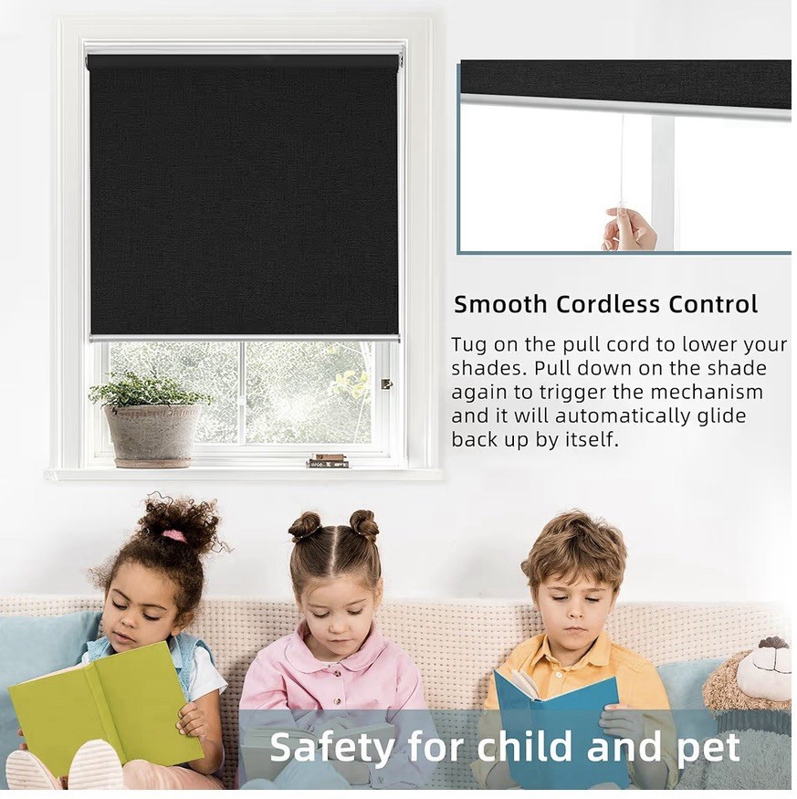 ChrisDowa Cordless 100% Blackout Blind Roller Window Shade Black 33Wx72H NEW (S6