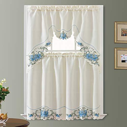 GOHD Lily Fragrance. 3pcs Multi-Color Embroidery Kitchen Cafe Curtain Set Blue
