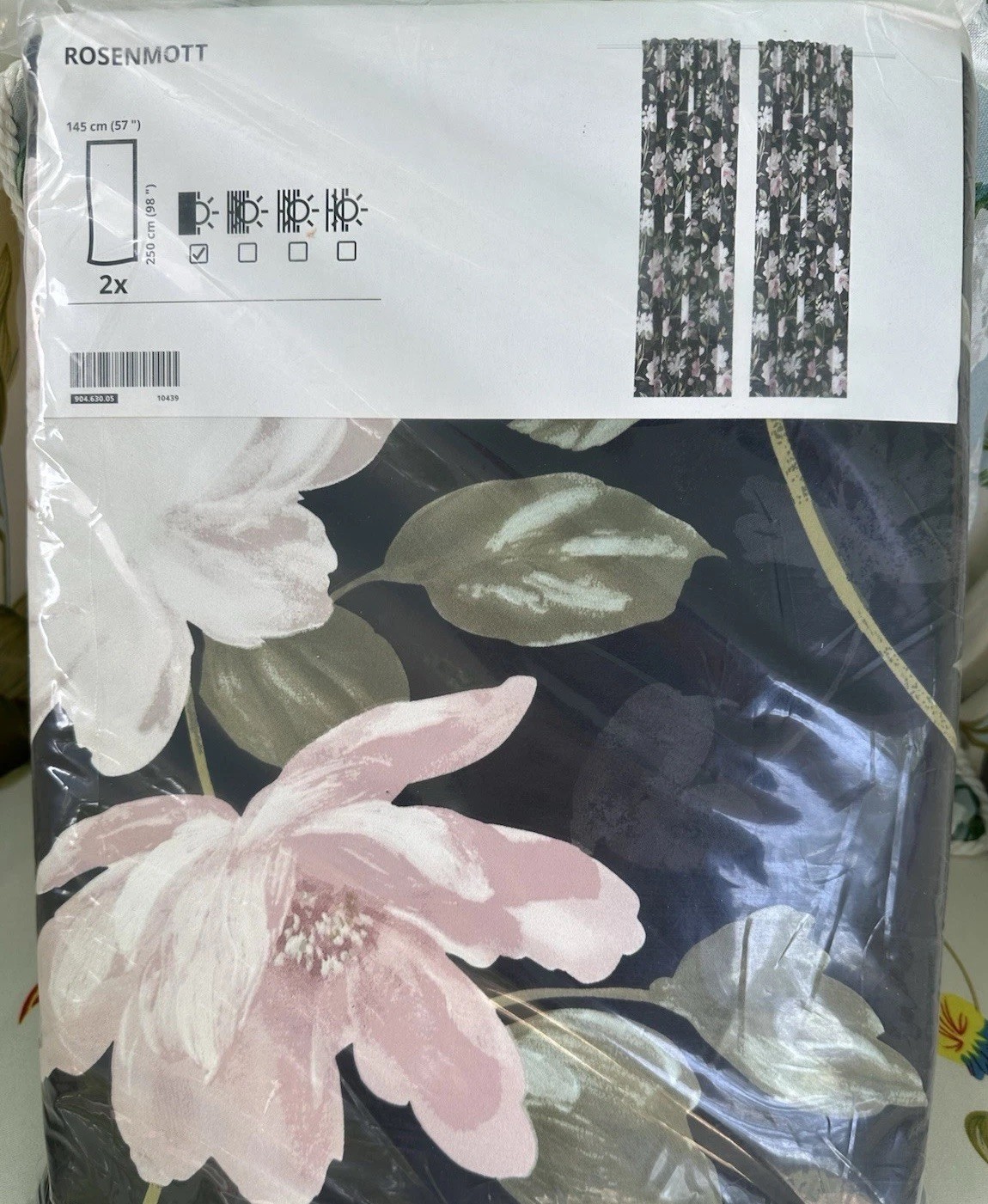 IKEA ROSENMOTT Blackout Curtains 2 Panels (1 pair) 57×98 Black Floral 🌸NEW