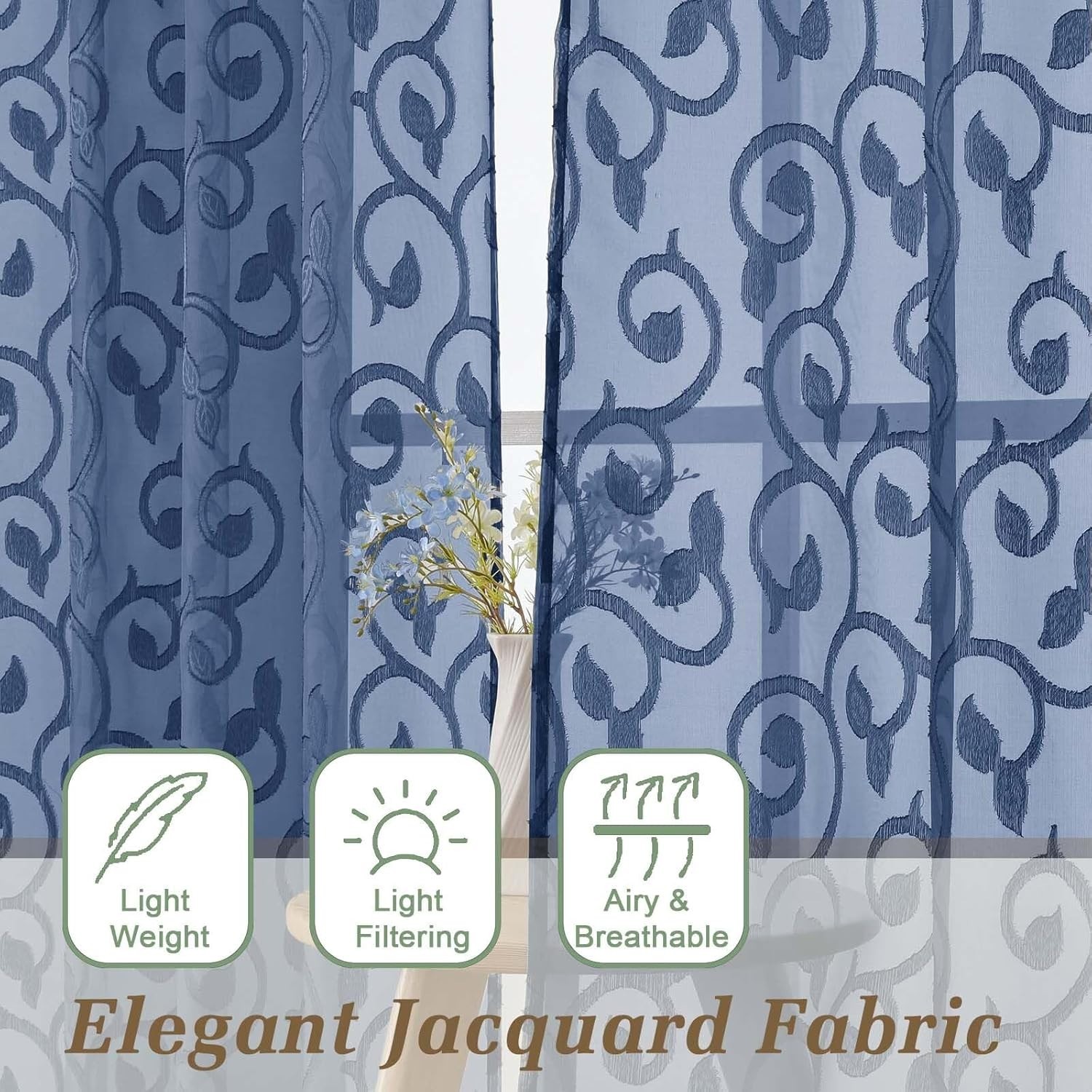 Modern Sheer Curtains Set in Dusty Blue – 2 Panels, 42″W x 24″L for Any Room