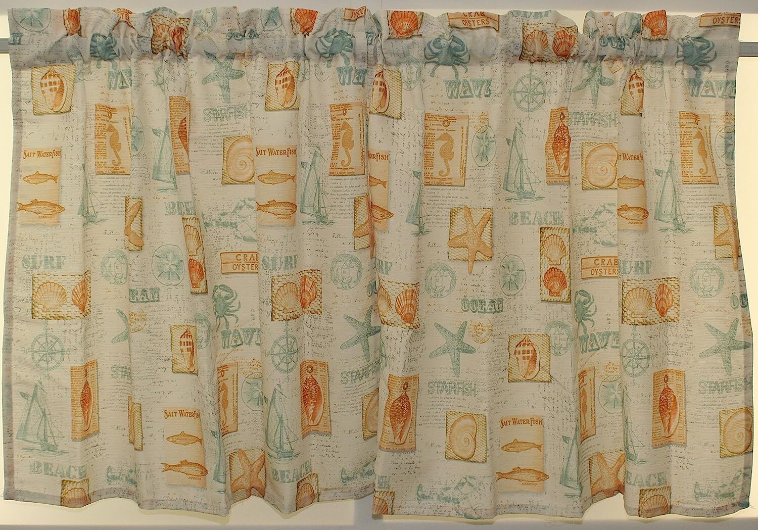 By The Sea Green Window Curtain Rod Pocket Marine Starfish Crab Nautical Fish
