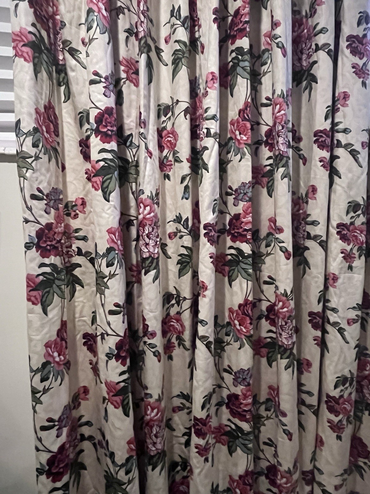 CUSTOM FLORAL WINDOW TREATMENT DESIGNER CHINTZ PANELS LINED TRIM CREAM 2