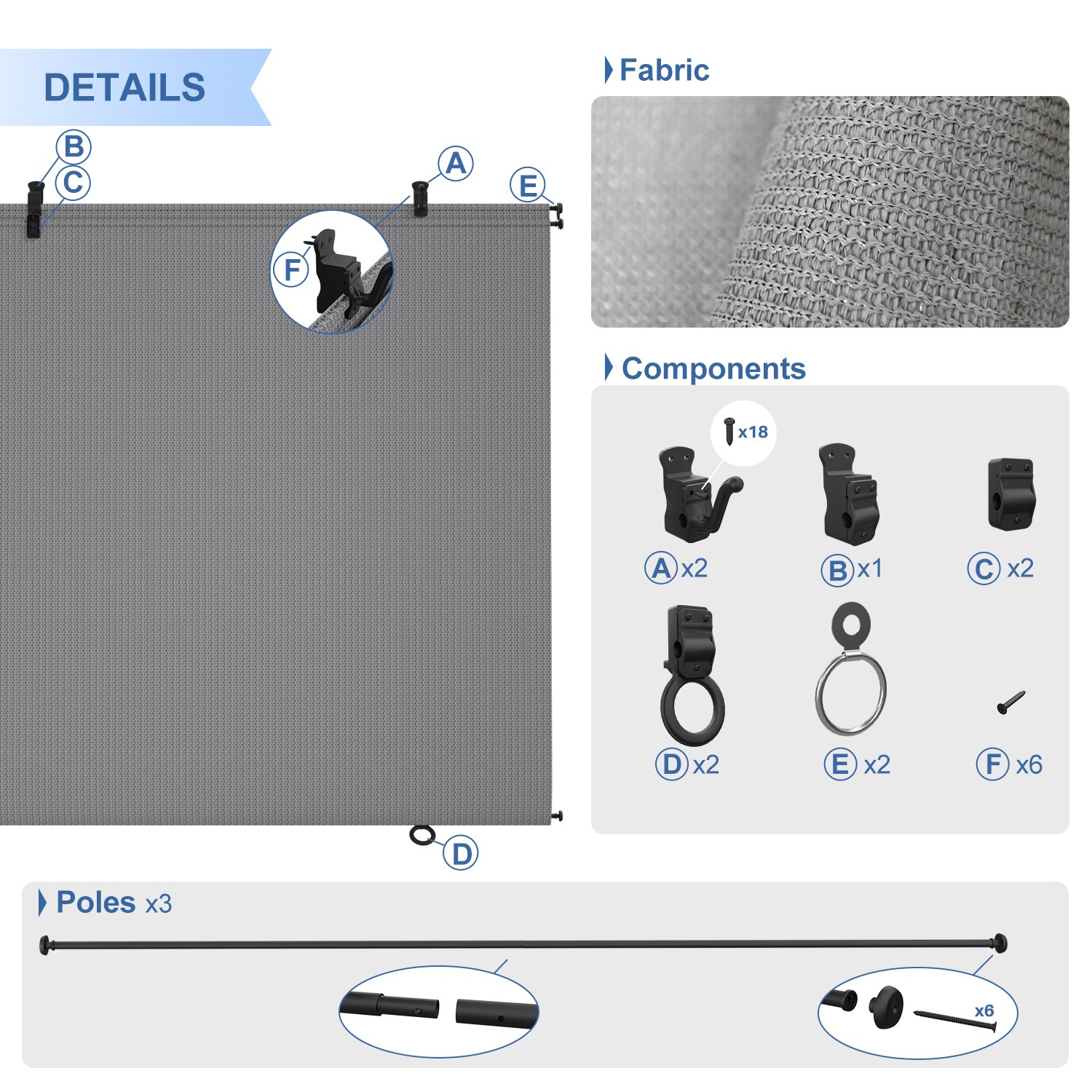 4-8ft Cordless Roller Shade Patio Foldable Blinds Roll Up Sunshade Fabric Gray