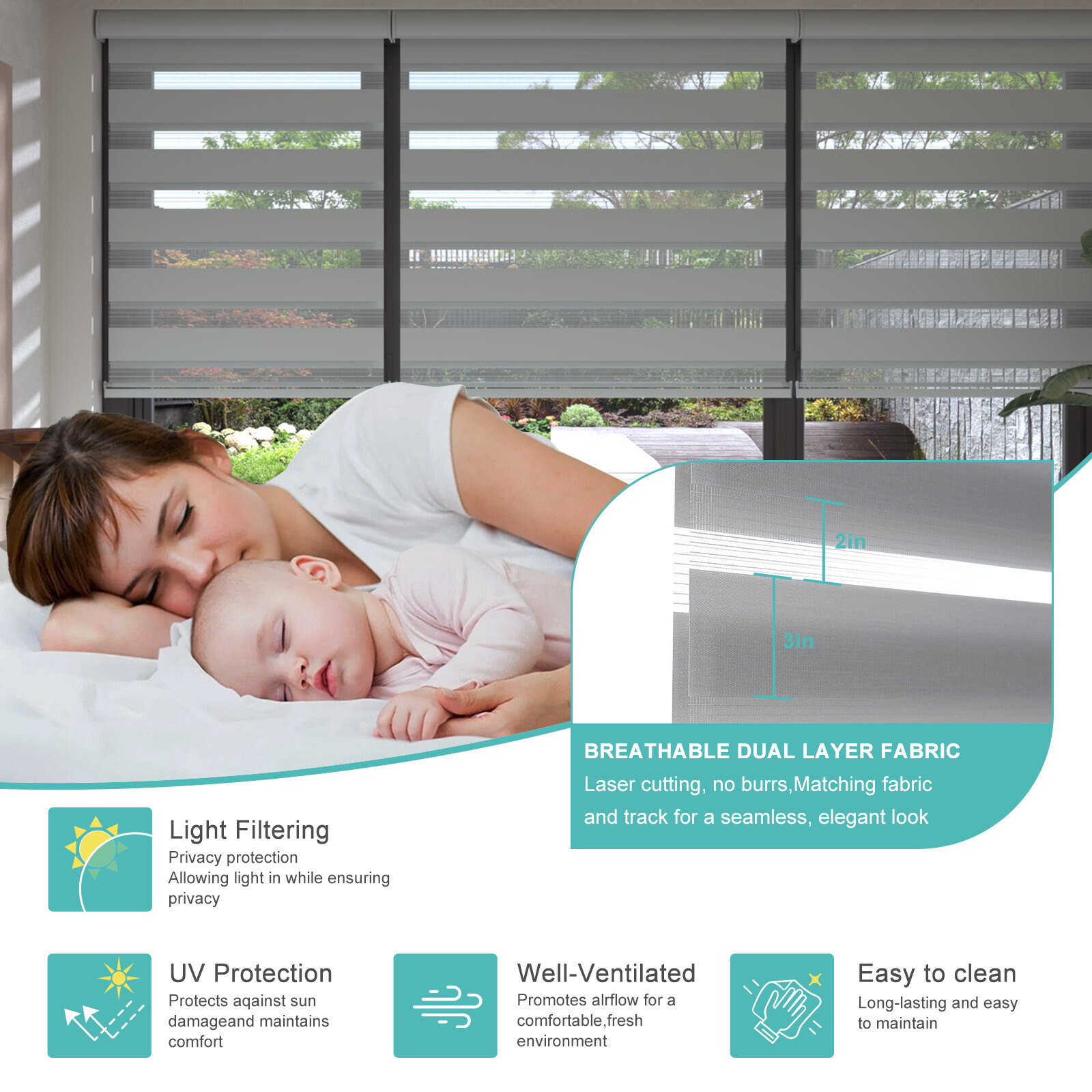 85% Blackout Window Shade Dual Zebra Roller Blinds Curtains,Easy To Install