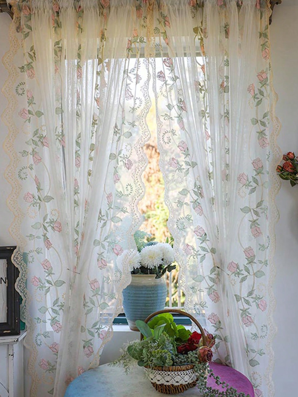 Multicolor French Pastoral Embroidered Sheer Curtain 1PC Various Sizes