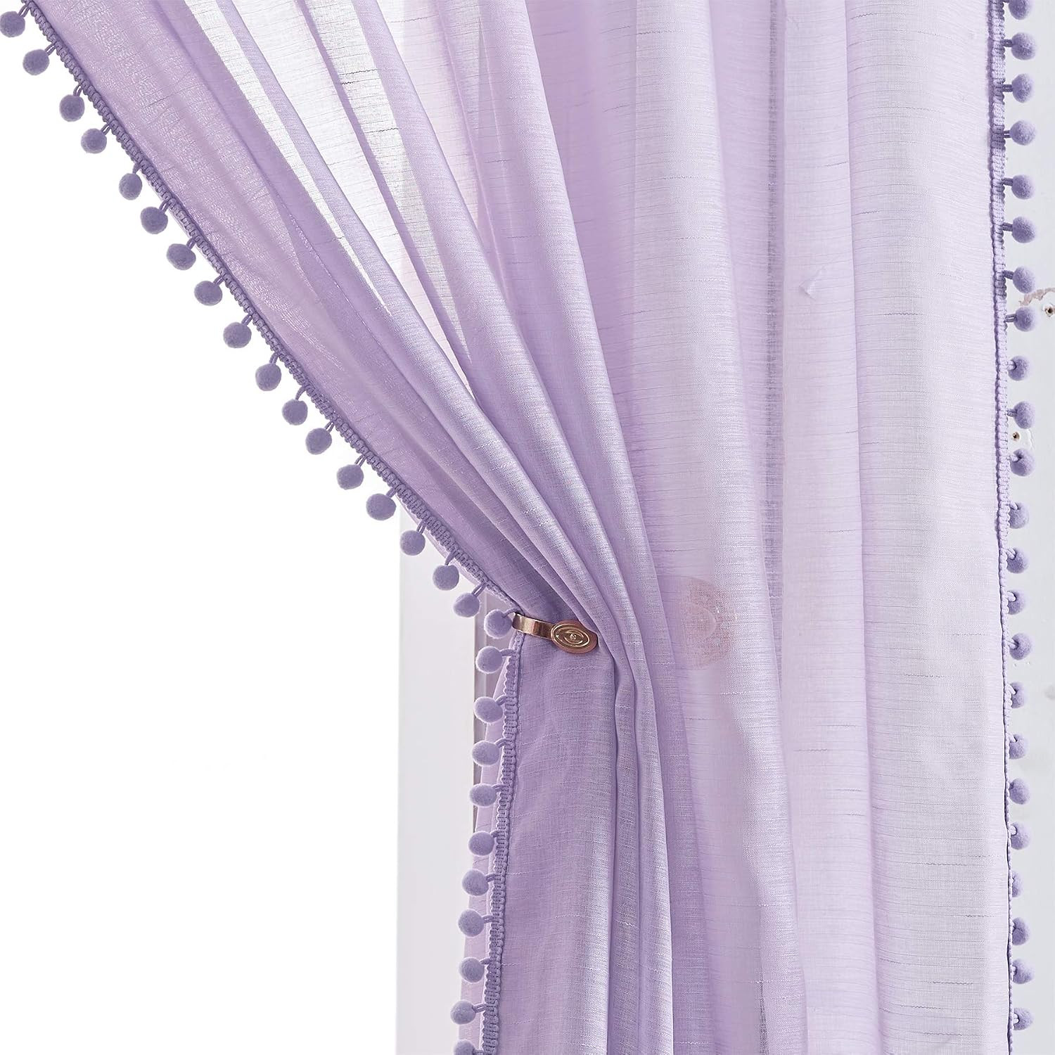 Pom Pom Sheer Curtains for Girls Bedroom 84 Inch Lilac Voile Panels Set 2