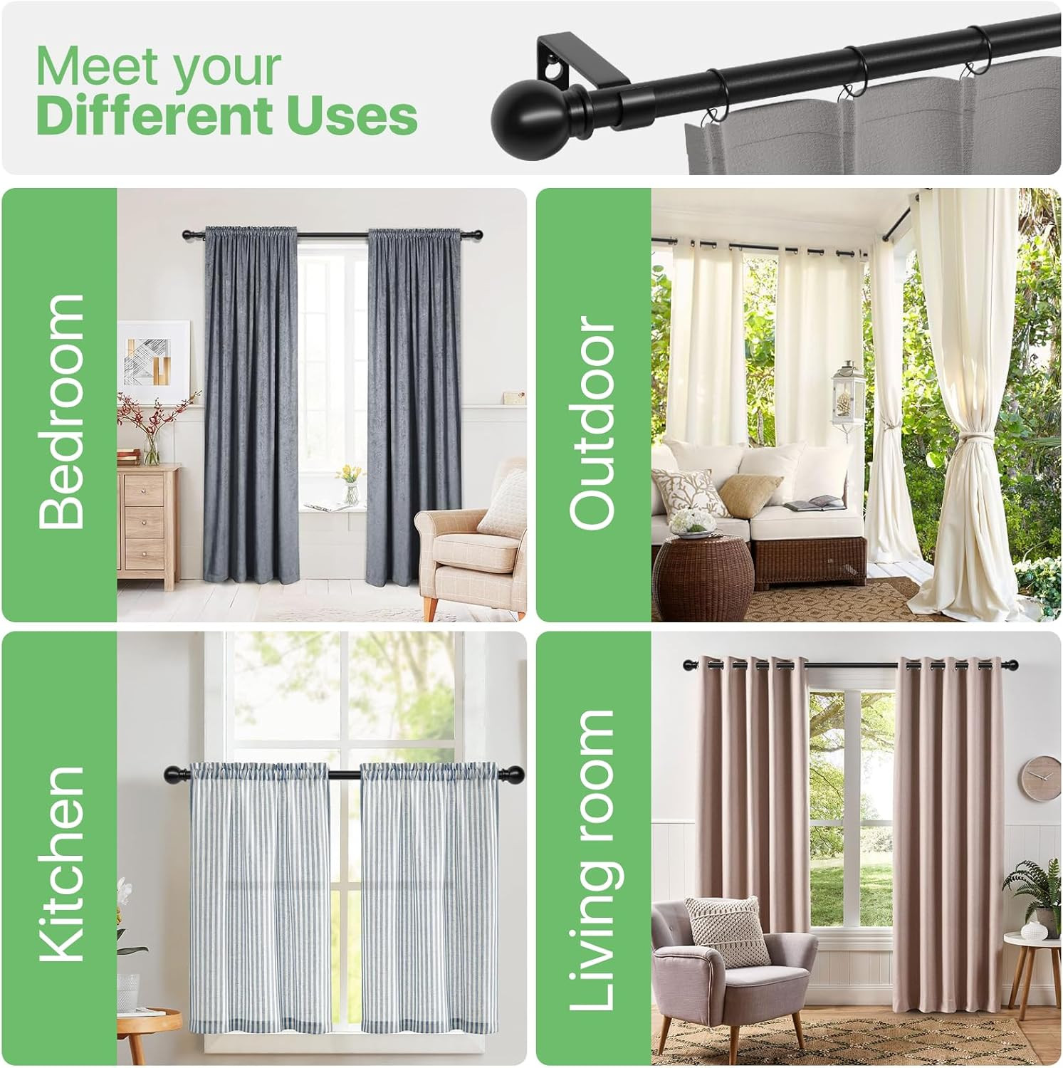 Curtain Rods for Windows 48 to 84, 2 Pack Black Curtain Rod with Brackets Easy I