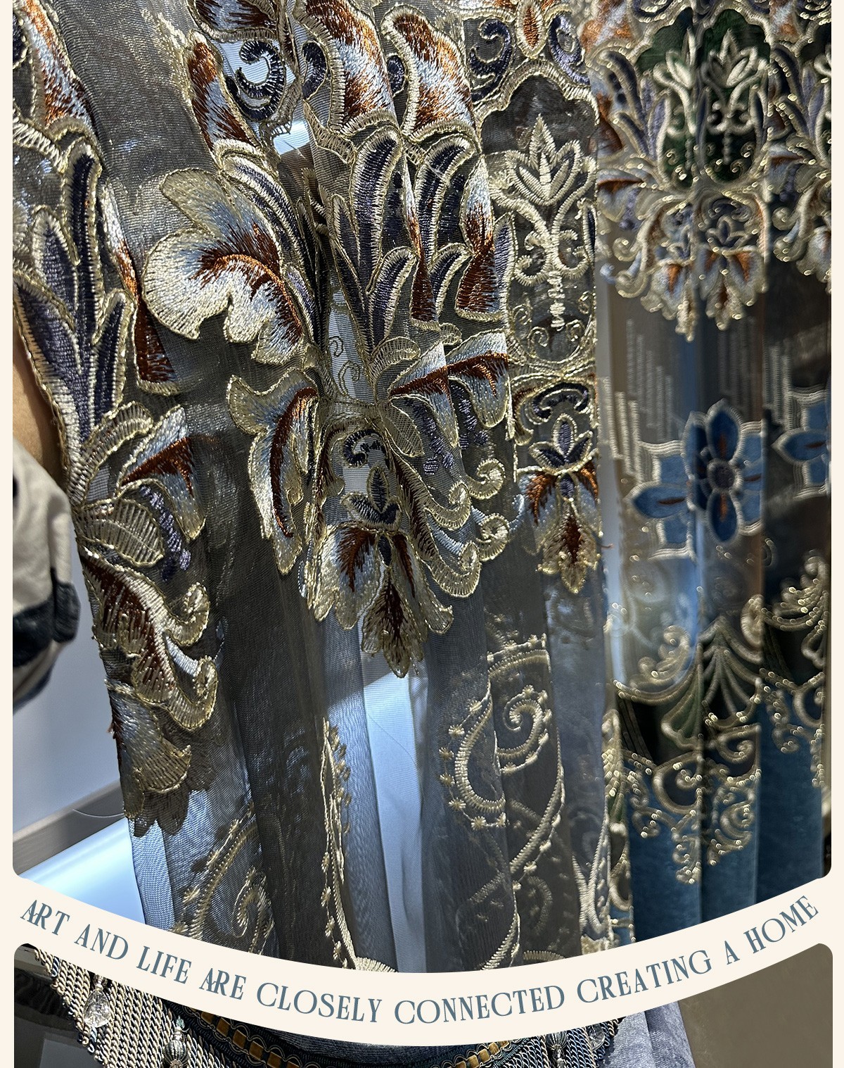 luxury European embroidery valance blue hollow-out cloth curtain tulle M1840