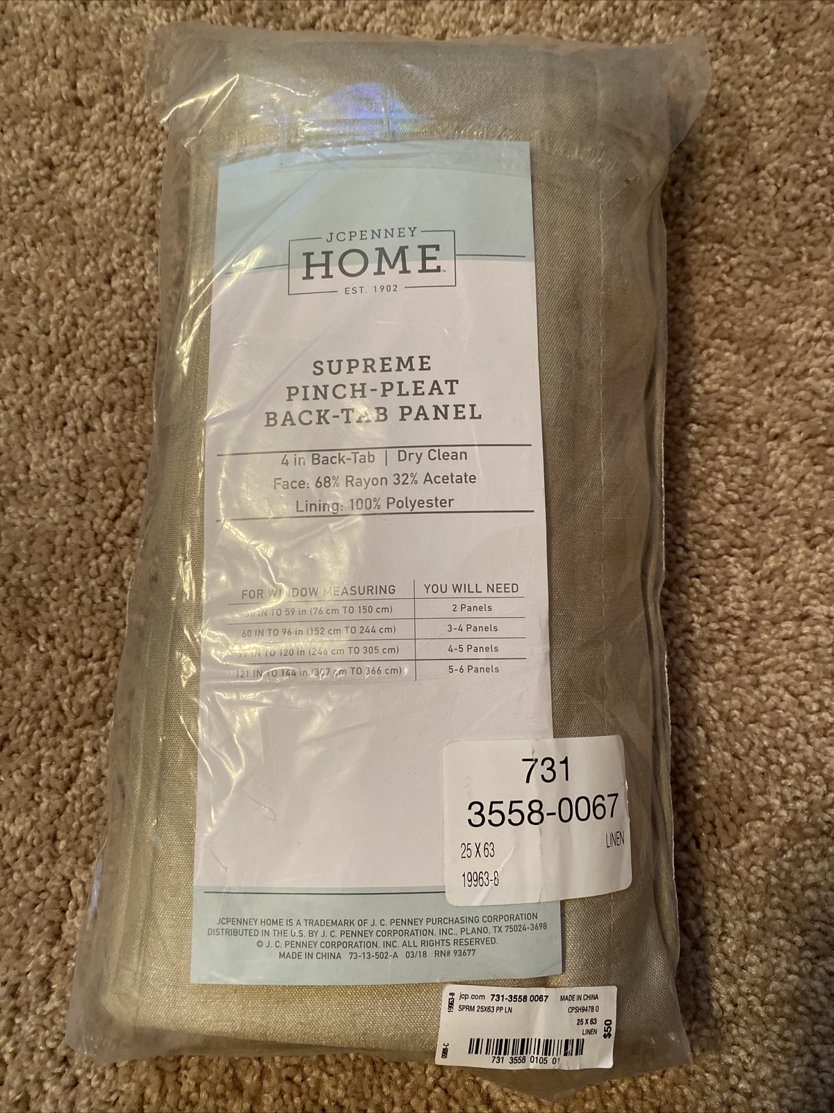 Jc Penney Home Supreme Pinch-Pleat Back Tab Panel 25in x 63in Linen