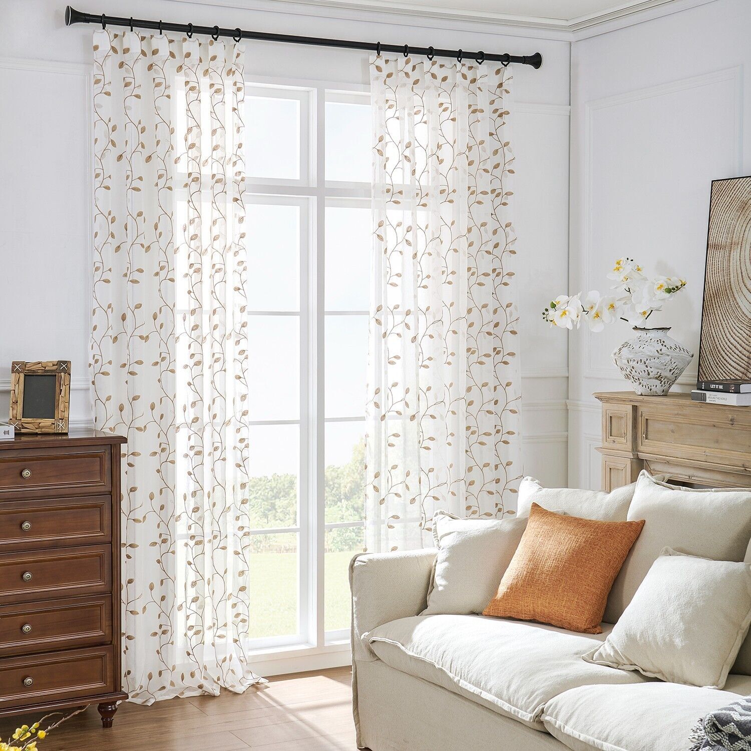 2 Panels Embroidered Leaves Semi Sheer Voile Window Curtains Drapes Living Room