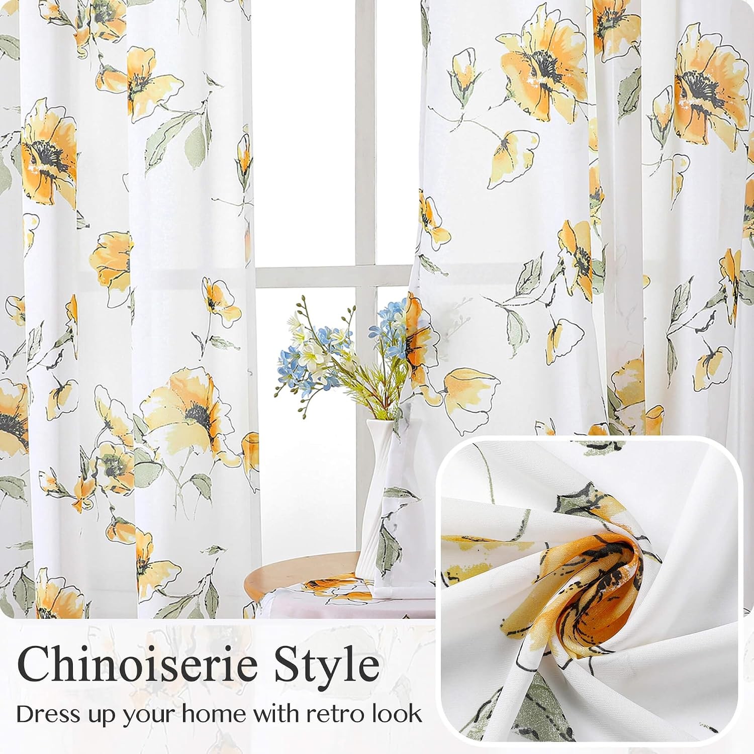 Floral Sheer Window Curtains 72 inches long 2 Panels Set-Chinoiserie Wild Fower
