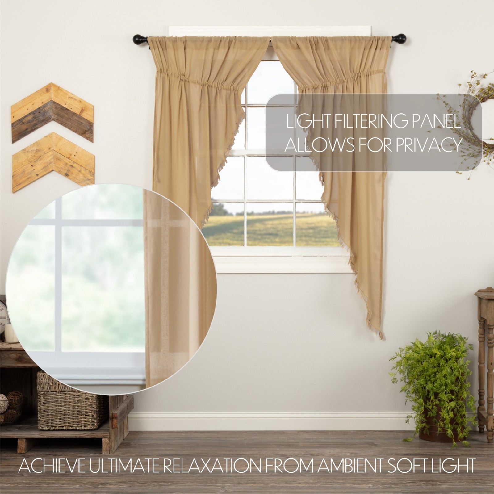 Tobacco Cloth Khaki PRAIRIE Short CURTAIN SET FRINGED Country Rustic Sheer 36×63