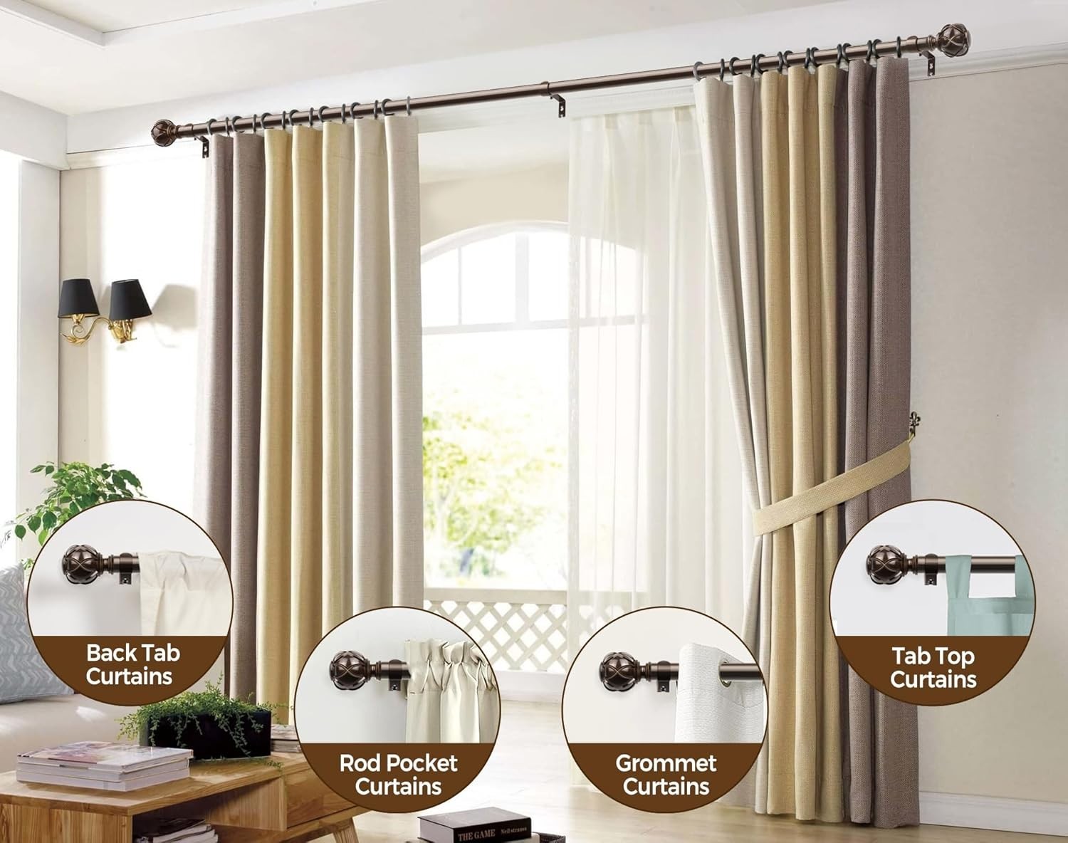 Heavy Duty Adjustable Curtain Rods Iron 72-144 Inches Decorative Bronze
