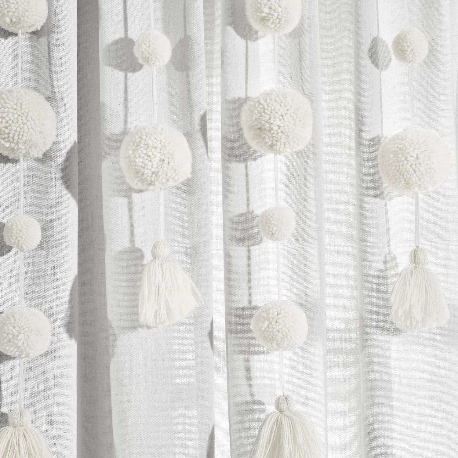 Boho Pom Pom Tassel Linen Curtain Panel, Off White, 84″ L X 52″ W