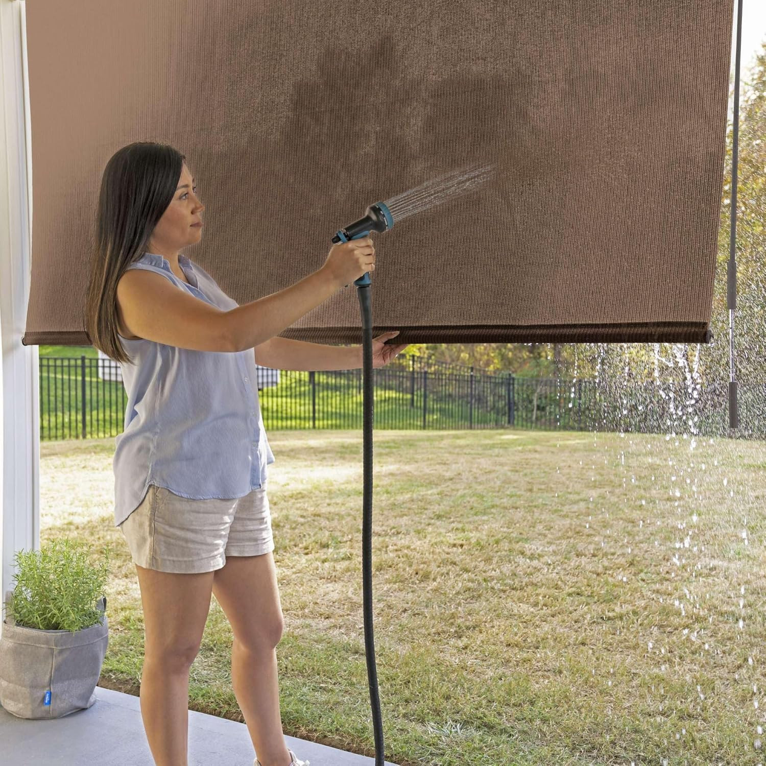 Outdoor Roller Shade with Wand – 95% UV Block Breathable Light Filtering Shade f