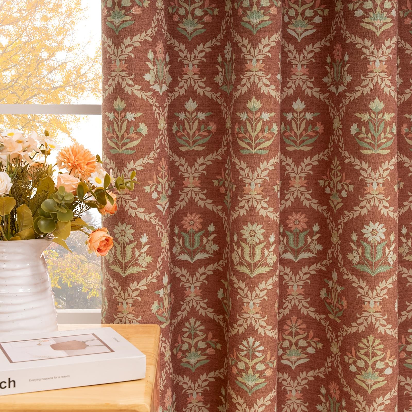 Floral Blackout Sun Heat Blocking Curtains for Bedroom Living Room Burnt Oran…