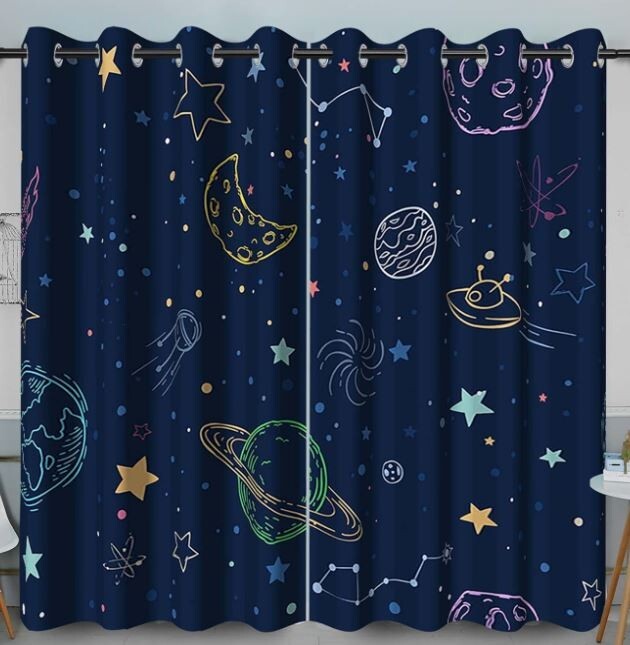 Navy Blue Space Curtains Stars Planets Galaxy Theme 26Wx63H