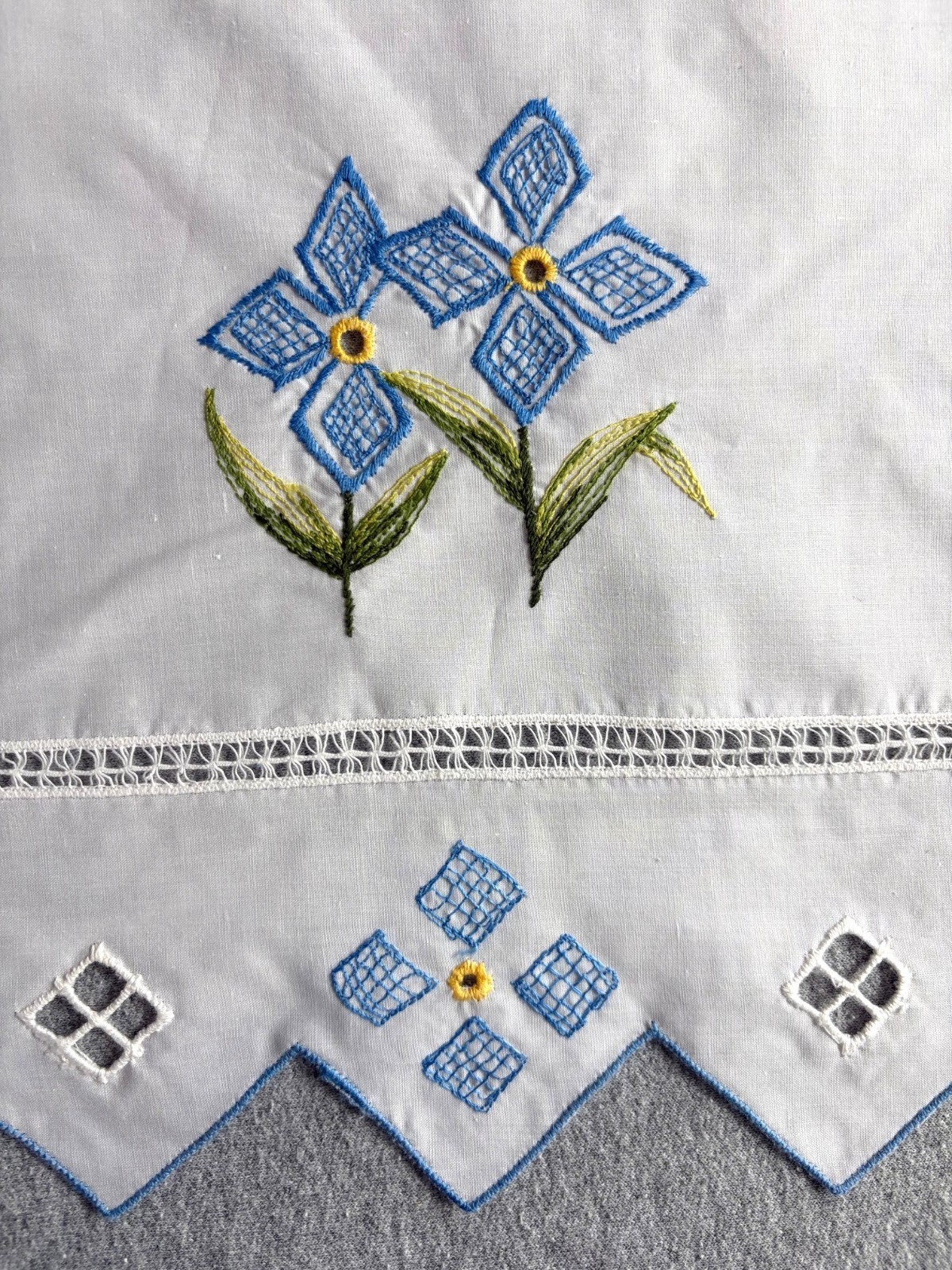Embroidered Topper Valance Cutwork 12x68in. Butterflies Blue Flowers Rod Pocket