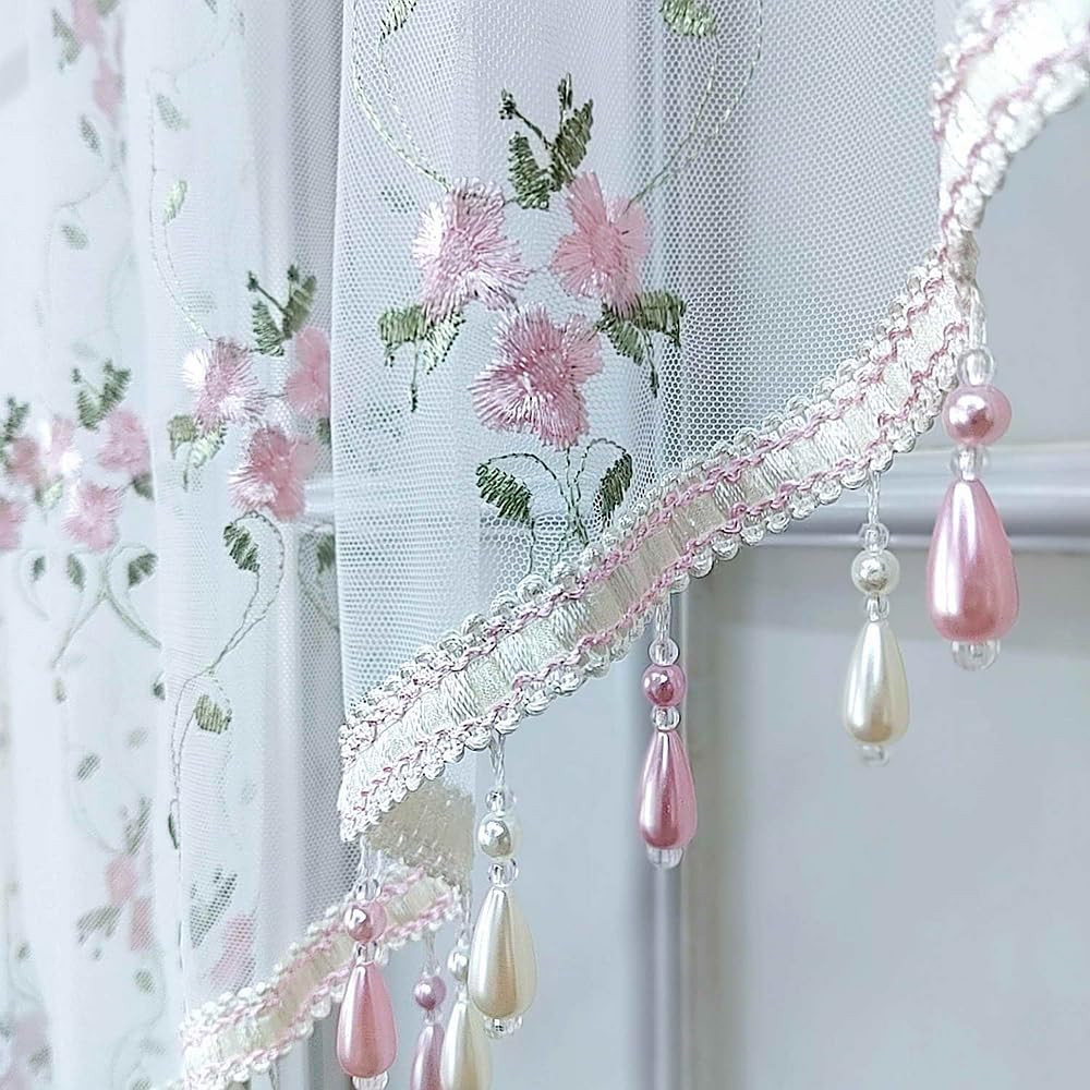 1PC Victorian Style Floral Sheer Swag Curtain Valance for Arched Door | Pink Emb