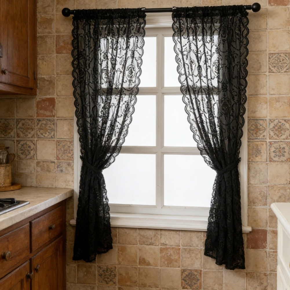Black Sheer Lace Window Curtains Polyester Fabric European Vintage Style